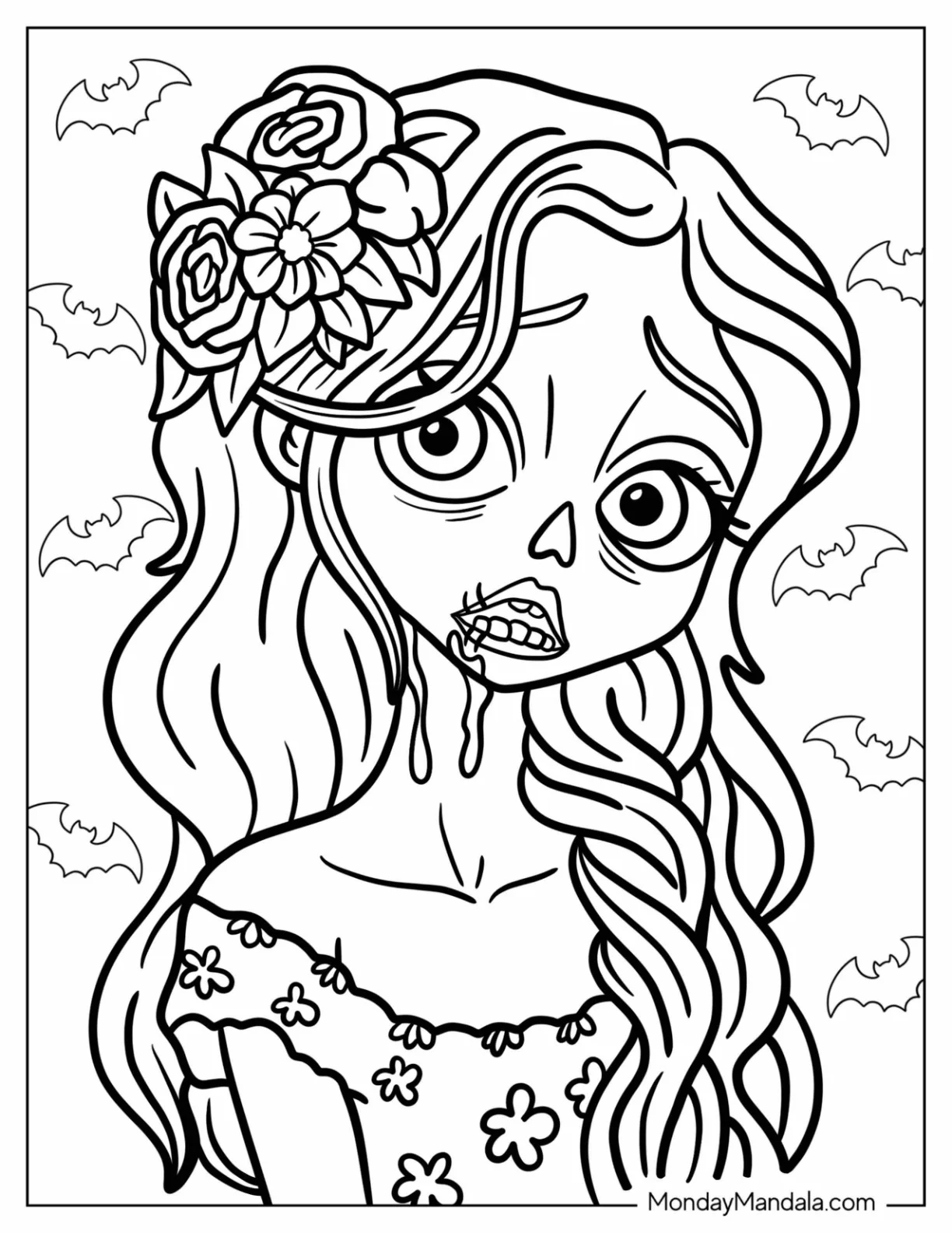 Pretty Zombie Coloring Page Of Bride With Flowers In Her Hair coloring page