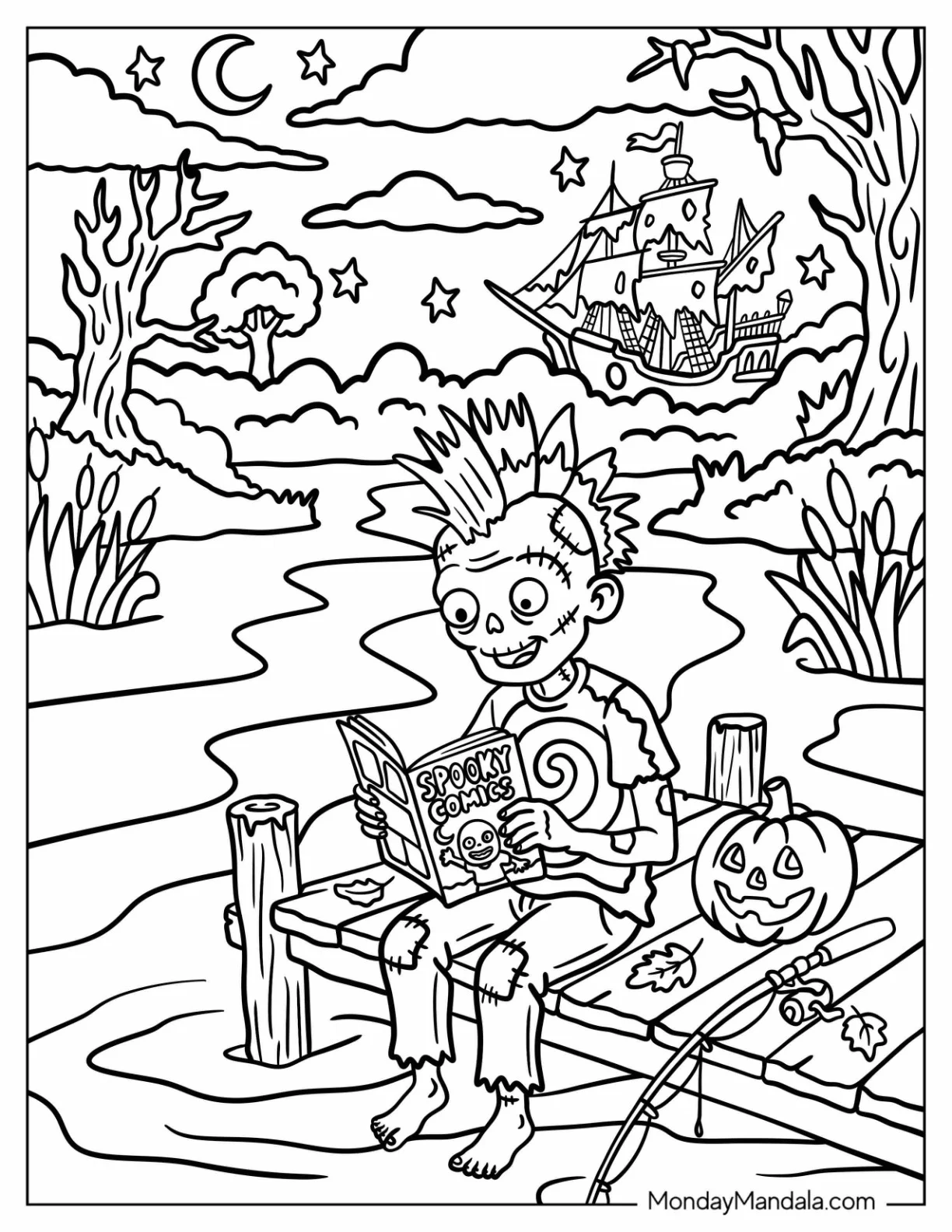 Punk Zombie Reading Comics While Fishing Coloring Sheet coloring page — printable line art