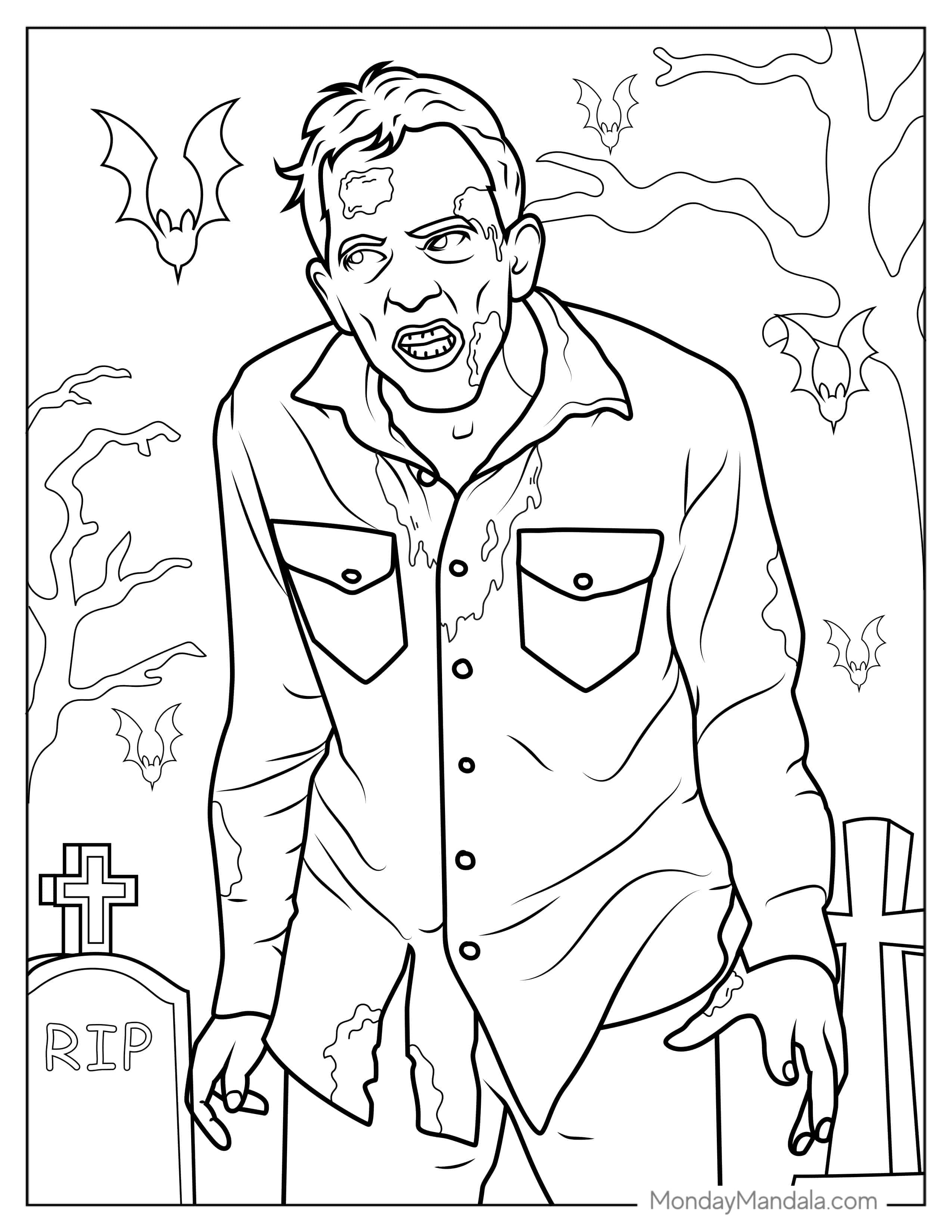 Realistic Looking Zombie To Color For Adults coloring page — printable line art