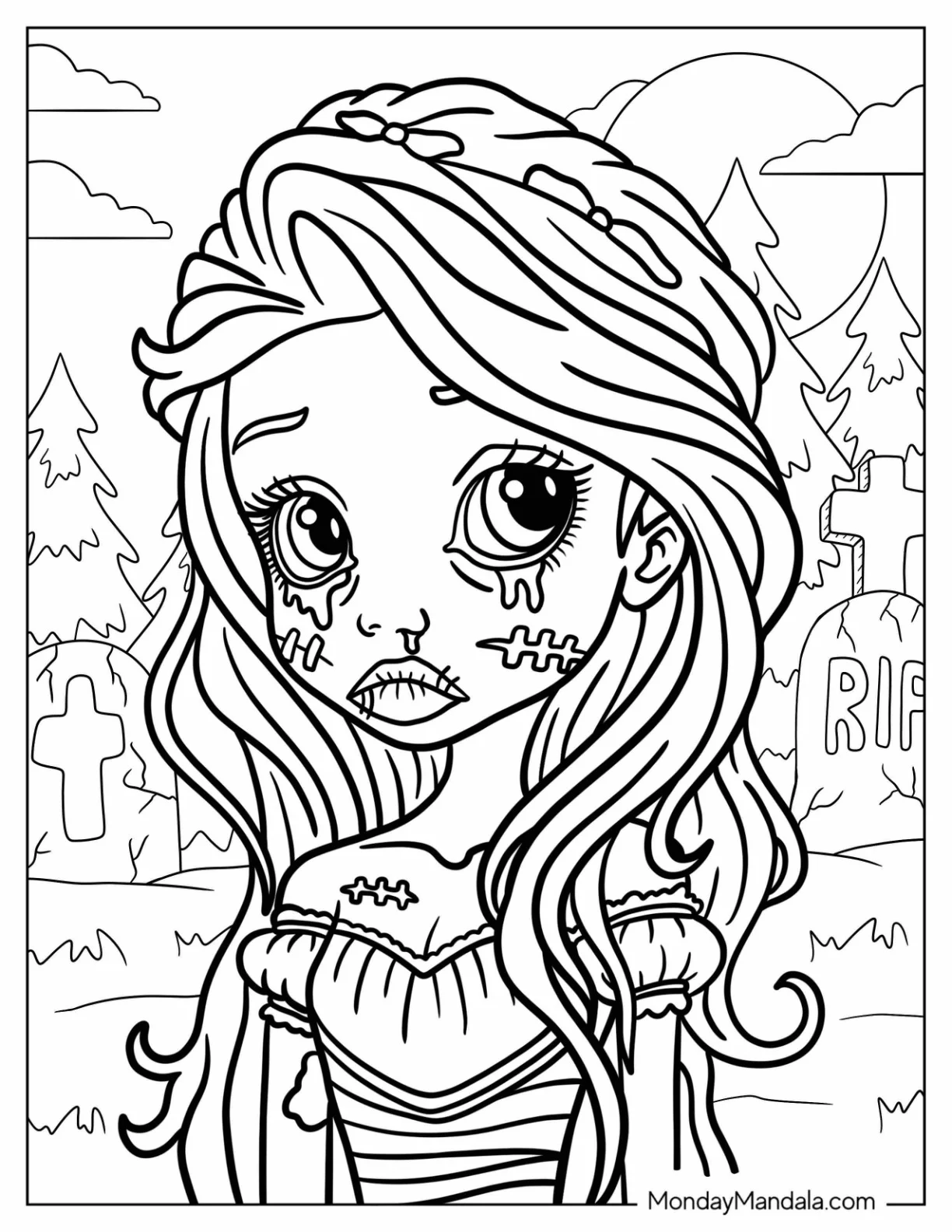 Sad Zombie Coloring Page Of Girl In A Pretty Dress coloring page