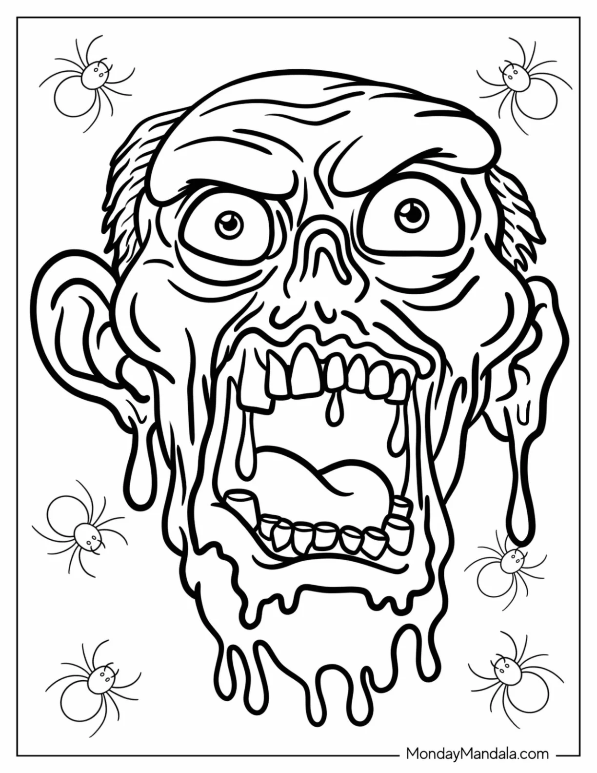 Scary Zombie Coloring Page Of Face With Melting Flesh coloring page