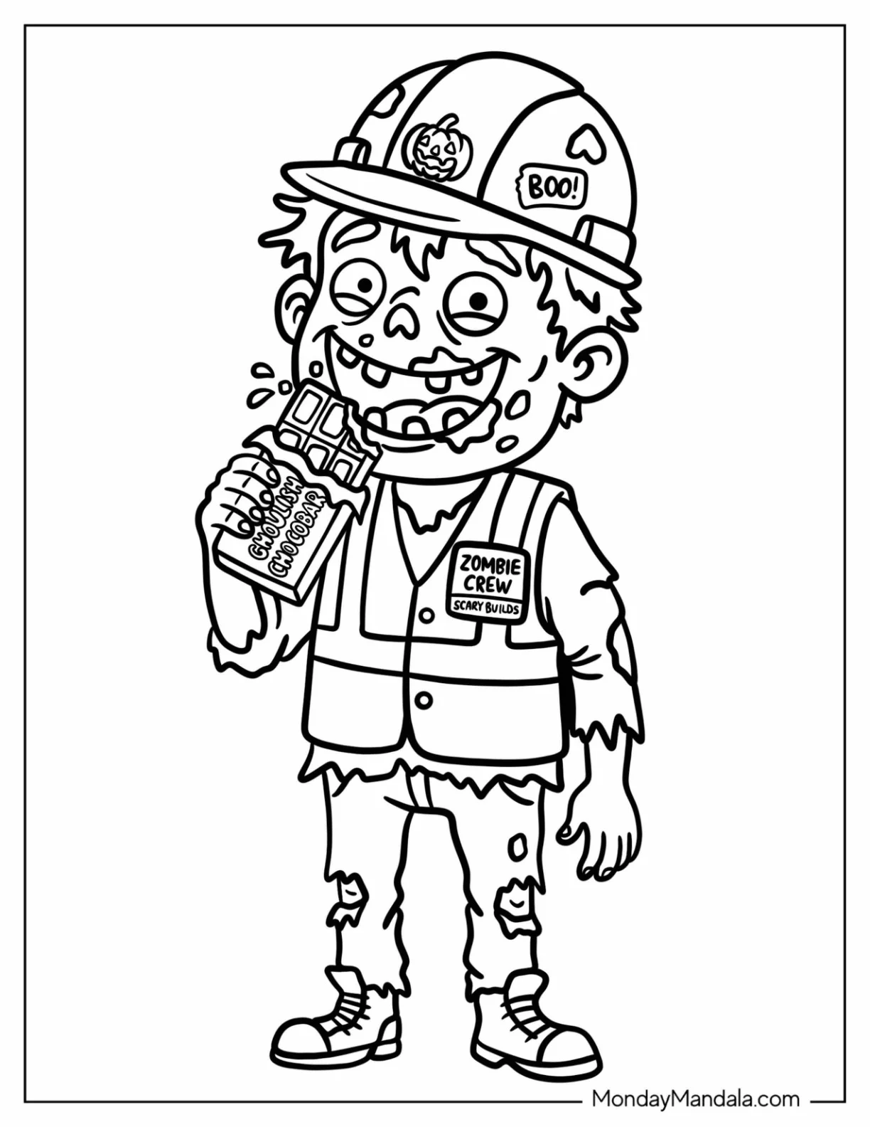 Simple Zombie Crew Eating Ghoulish Chocobar Coloring Page for Kids coloring page
