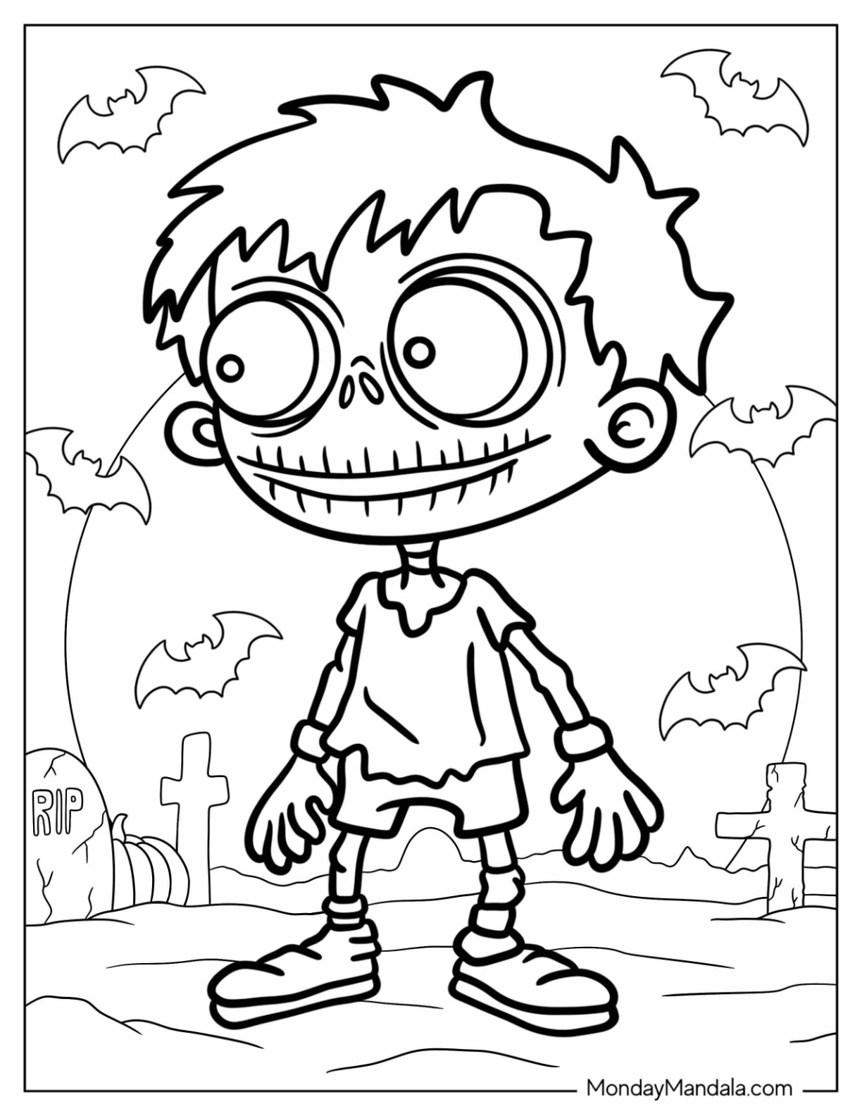 Smiling Boy Zombie Coloring Page With Bats In The Background coloring page