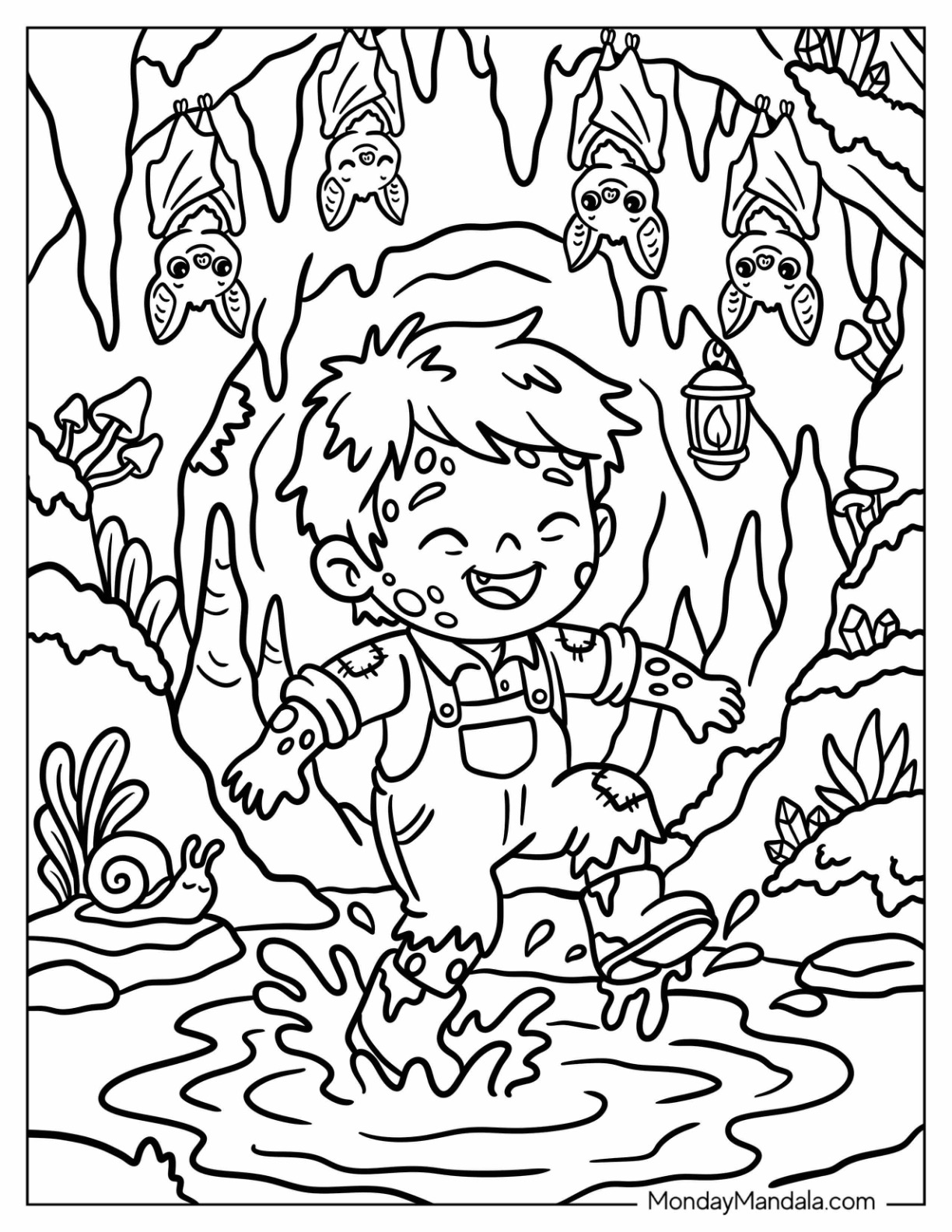 Zombie Boy Playing in a Cave Coloring Page for Kids coloring page