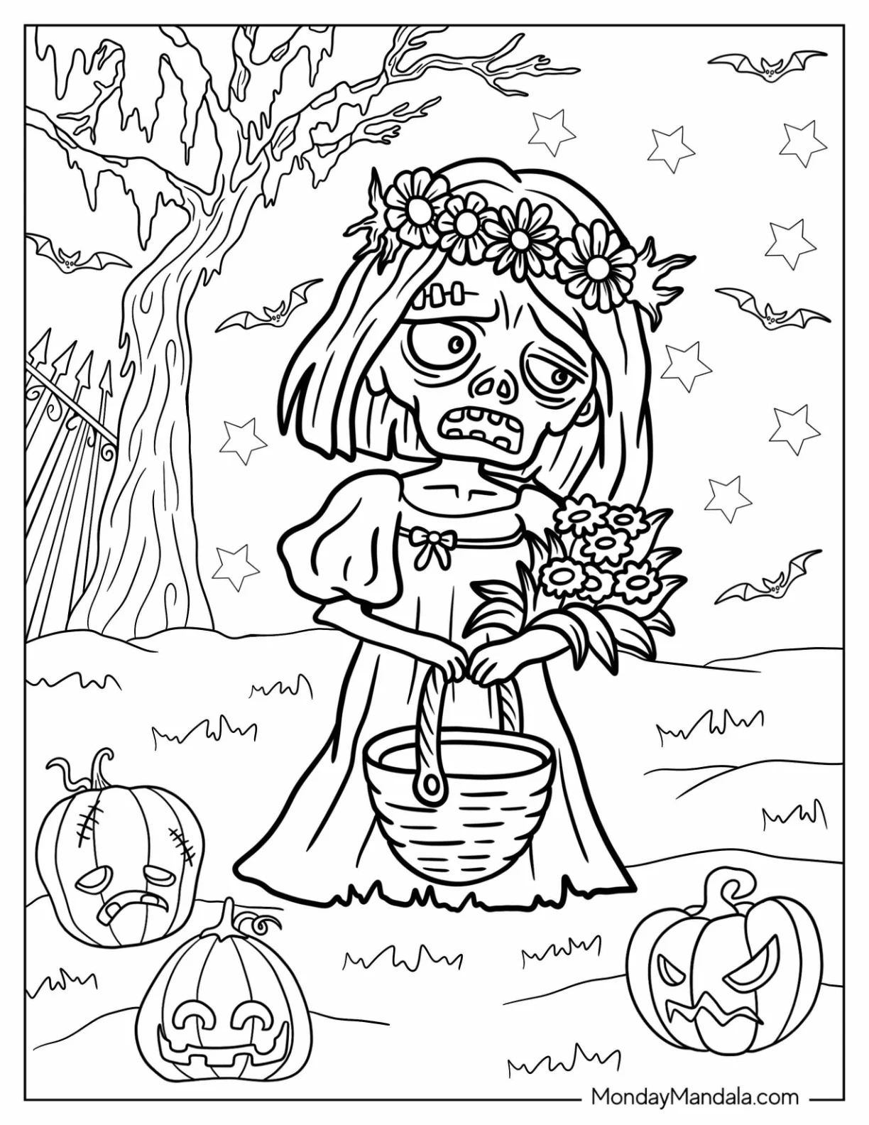 Zombie Coloring Page Of Bride Holding Flowers And A Basket coloring page