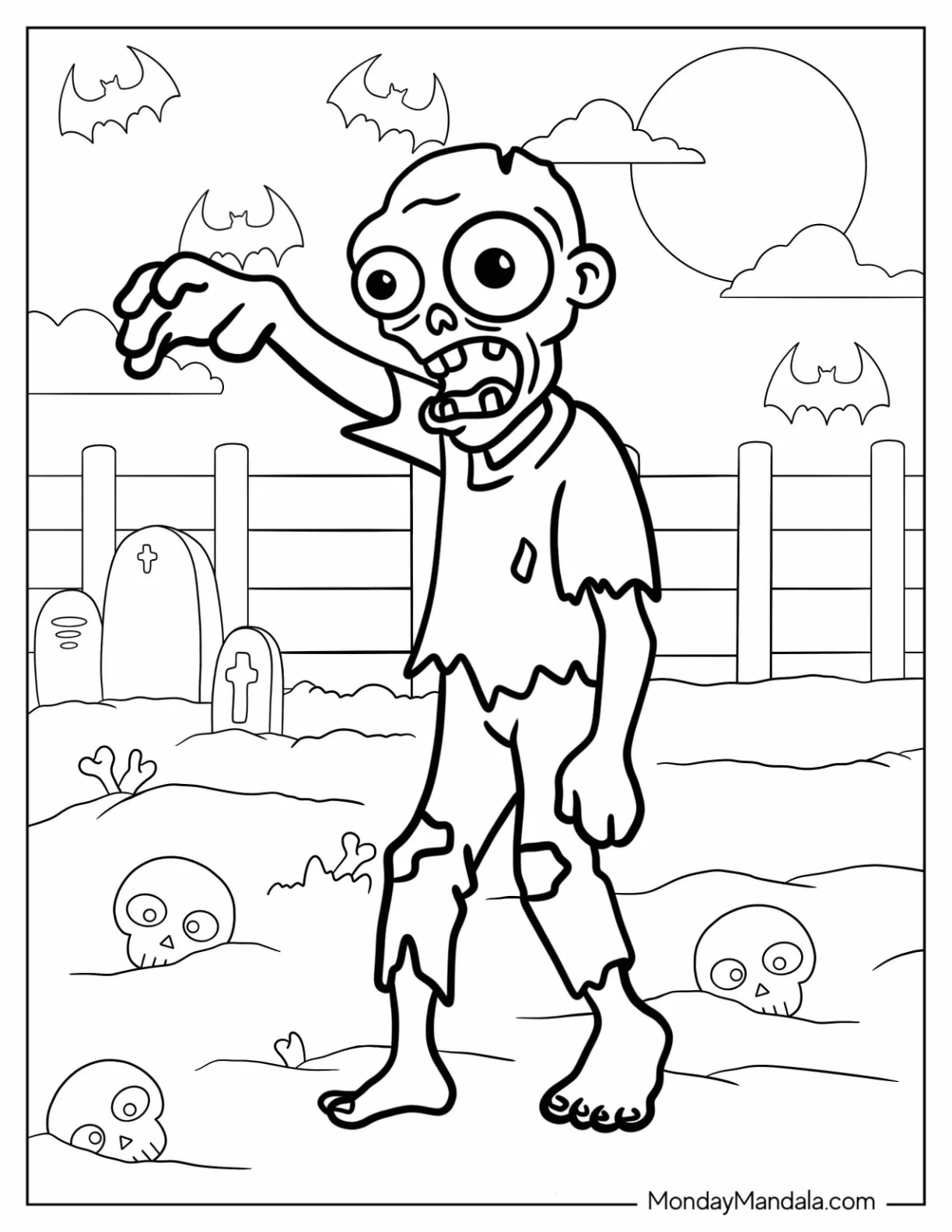 Zombie Coloring Page Of Walking Through A Cemetery Full Of Skulls coloring page