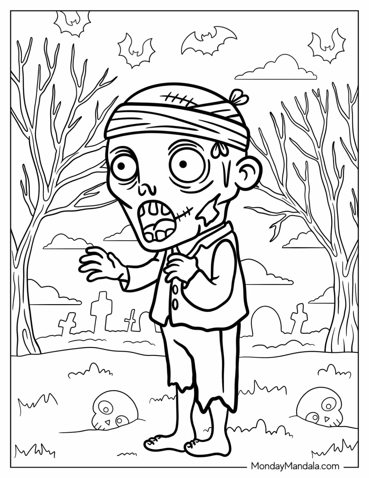 Zombie Coloring Page With Bandages Walking Out Of A Graveyard coloring page — printable line art