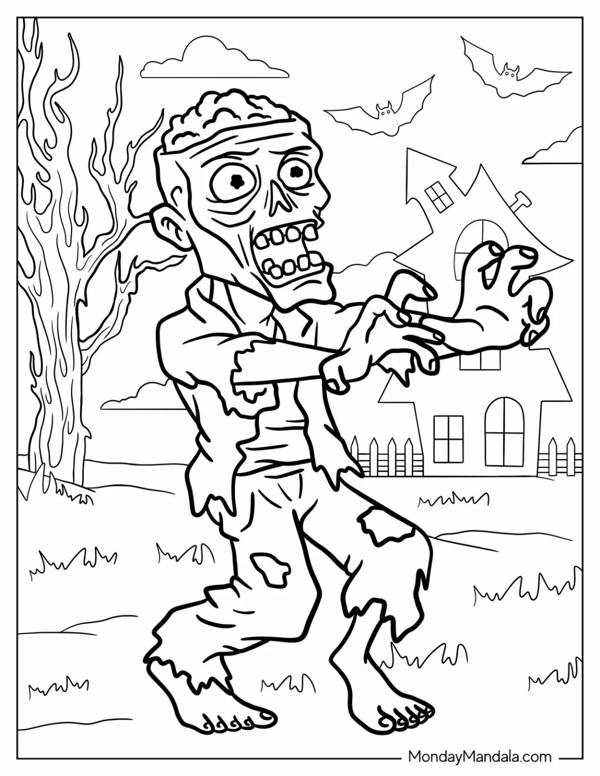 Zombie Coloring Page With Brains Out And Tattered Clothes coloring page