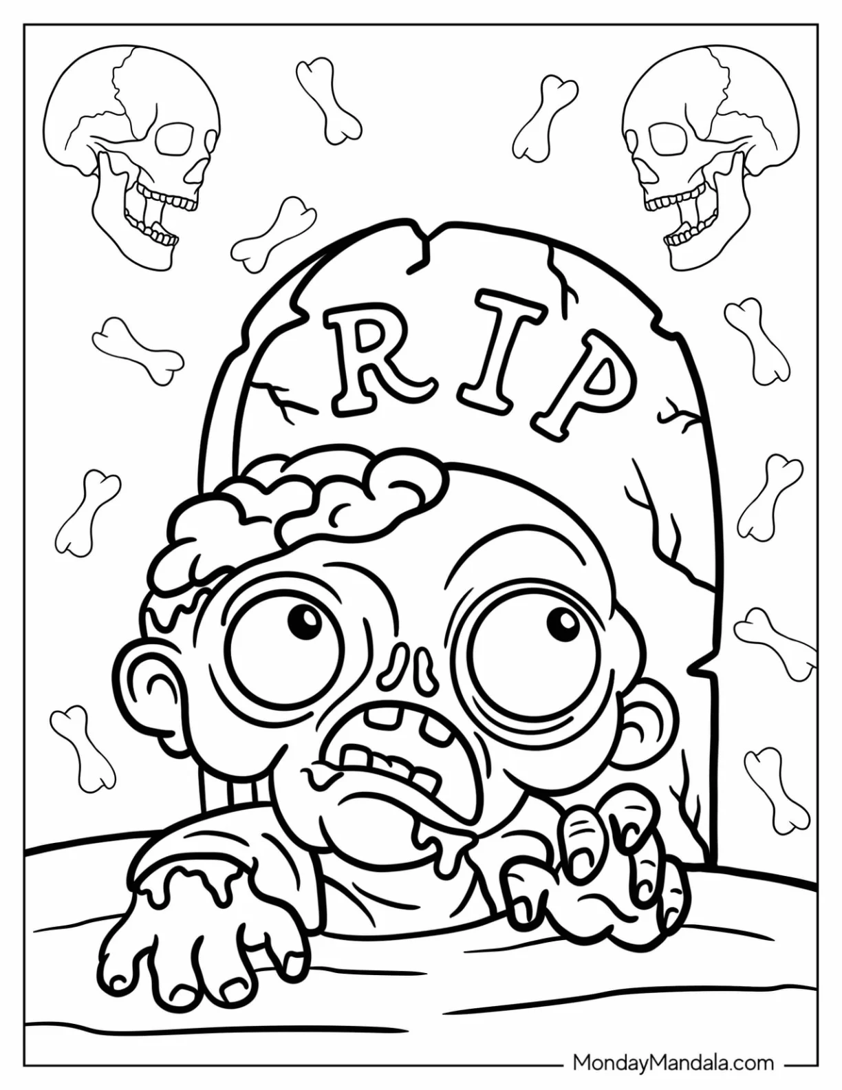 Zombie Coloring Page With Exposed Brain Crawling Out Of The Grave coloring page