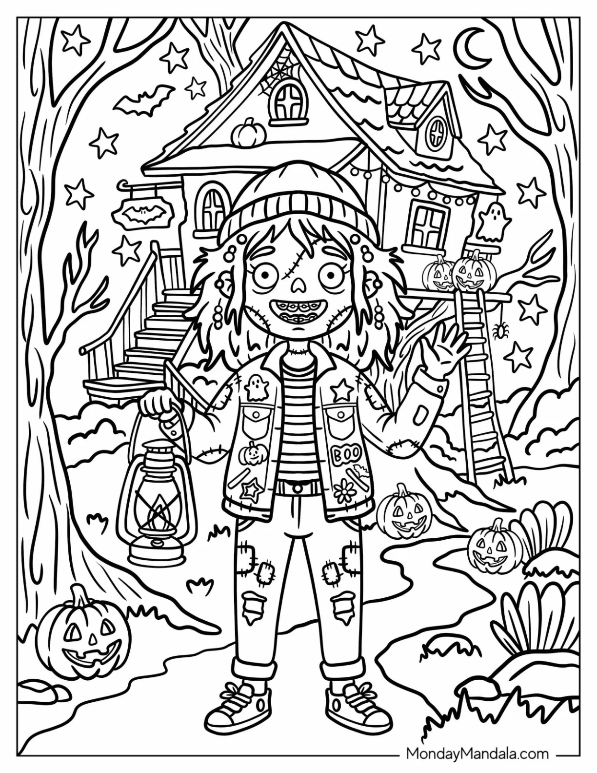 Zombie Girl Holding a Lamp Outside Her Treehouse Coloring Page coloring page
