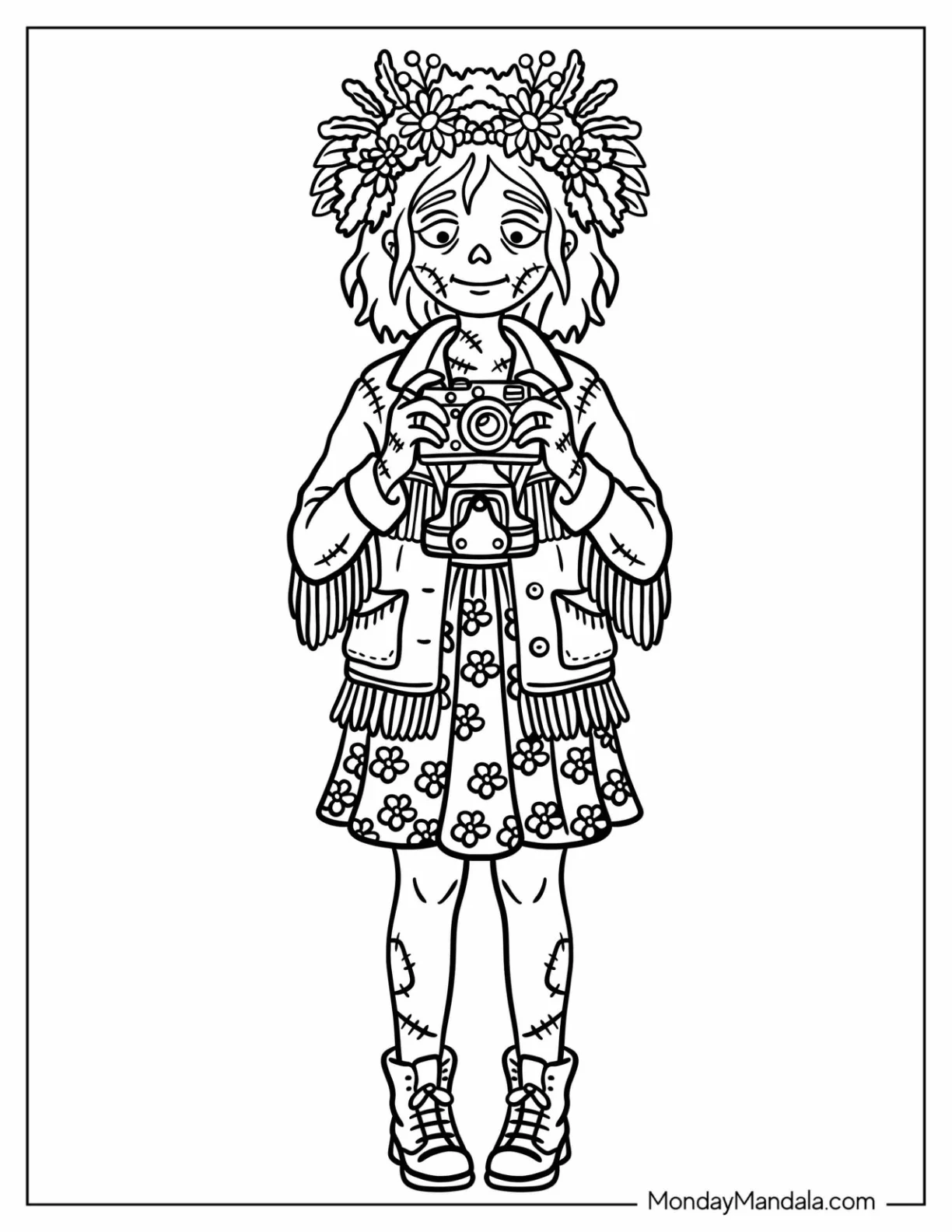 Zombie Hippie Girl Holding a Camera Coloring Page coloring page