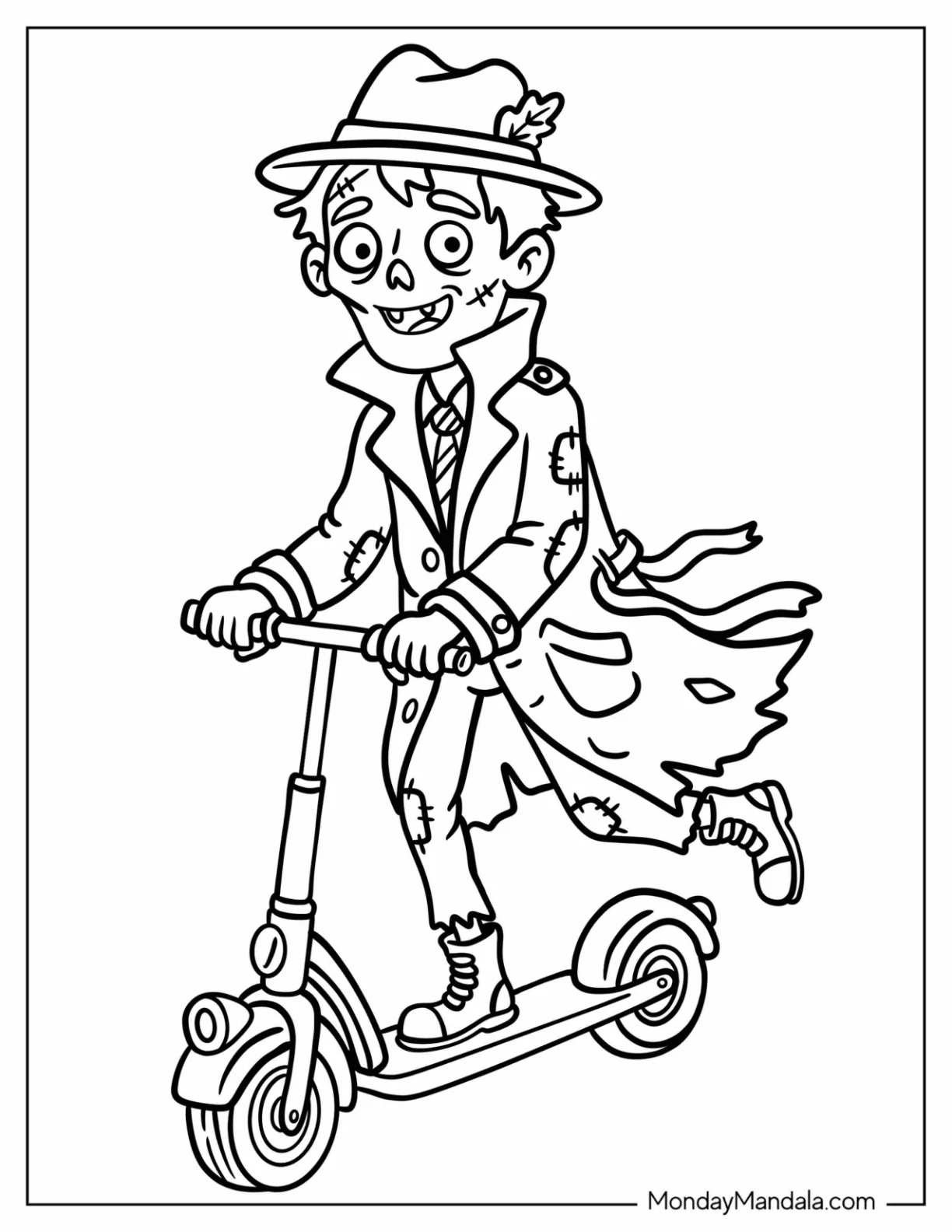 Zombie Man Riding on a Kick Scooter Coloring Page coloring page