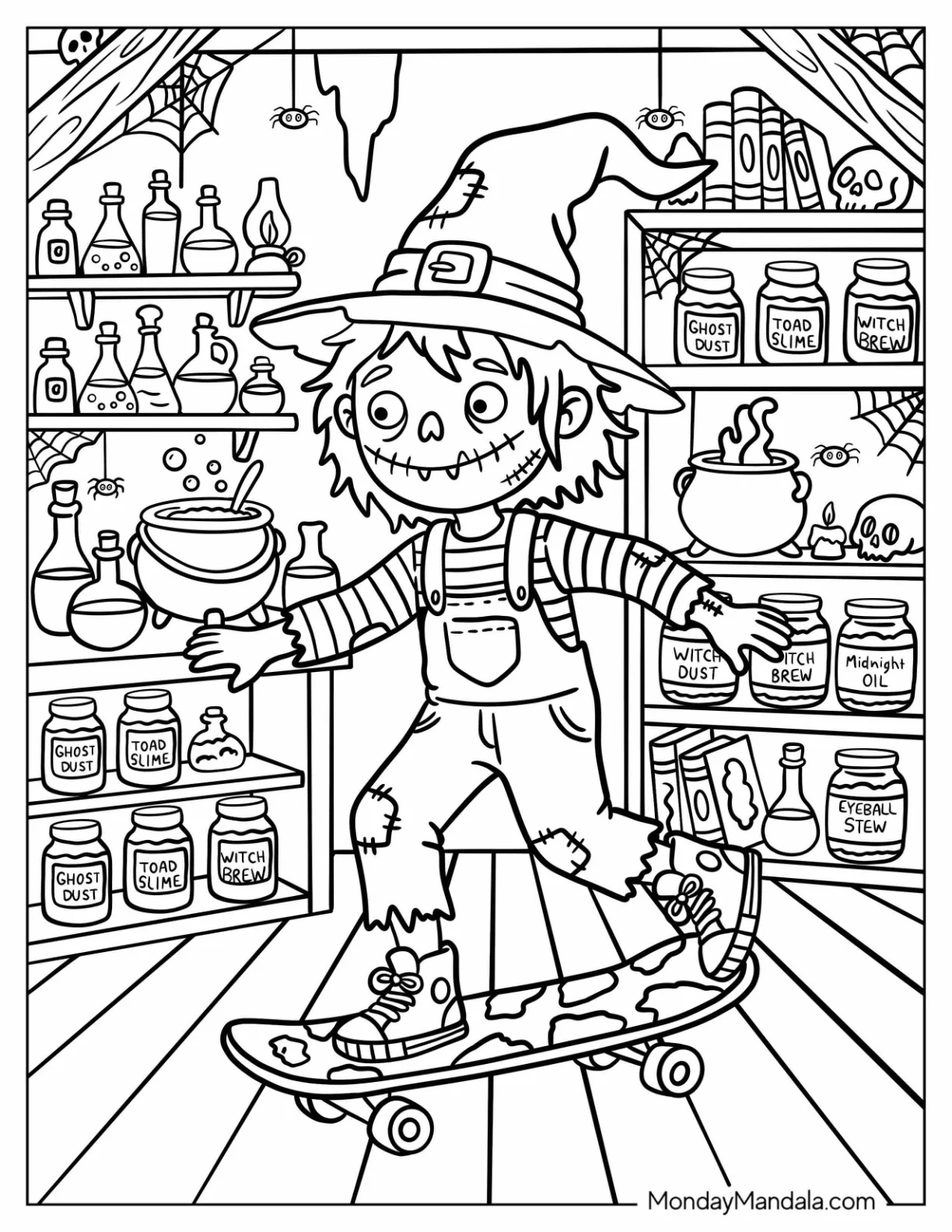 Zombie Scarecrow Skateboarding Indoors Coloring Page coloring page