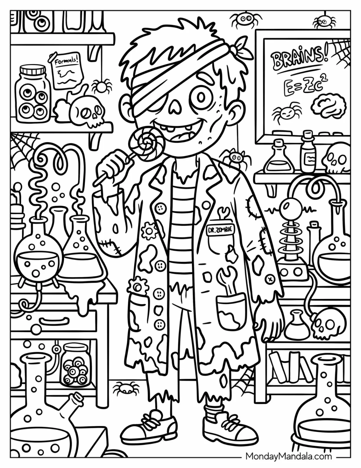 Zombie Scientist in a Laboratory Coloring Page coloring page — printable line art