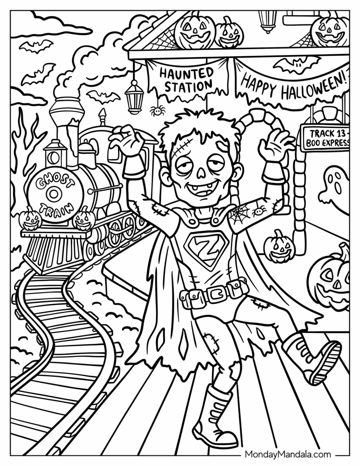 Zombie Superhero Walking Out of a Haunted Station Coloring Page coloring page