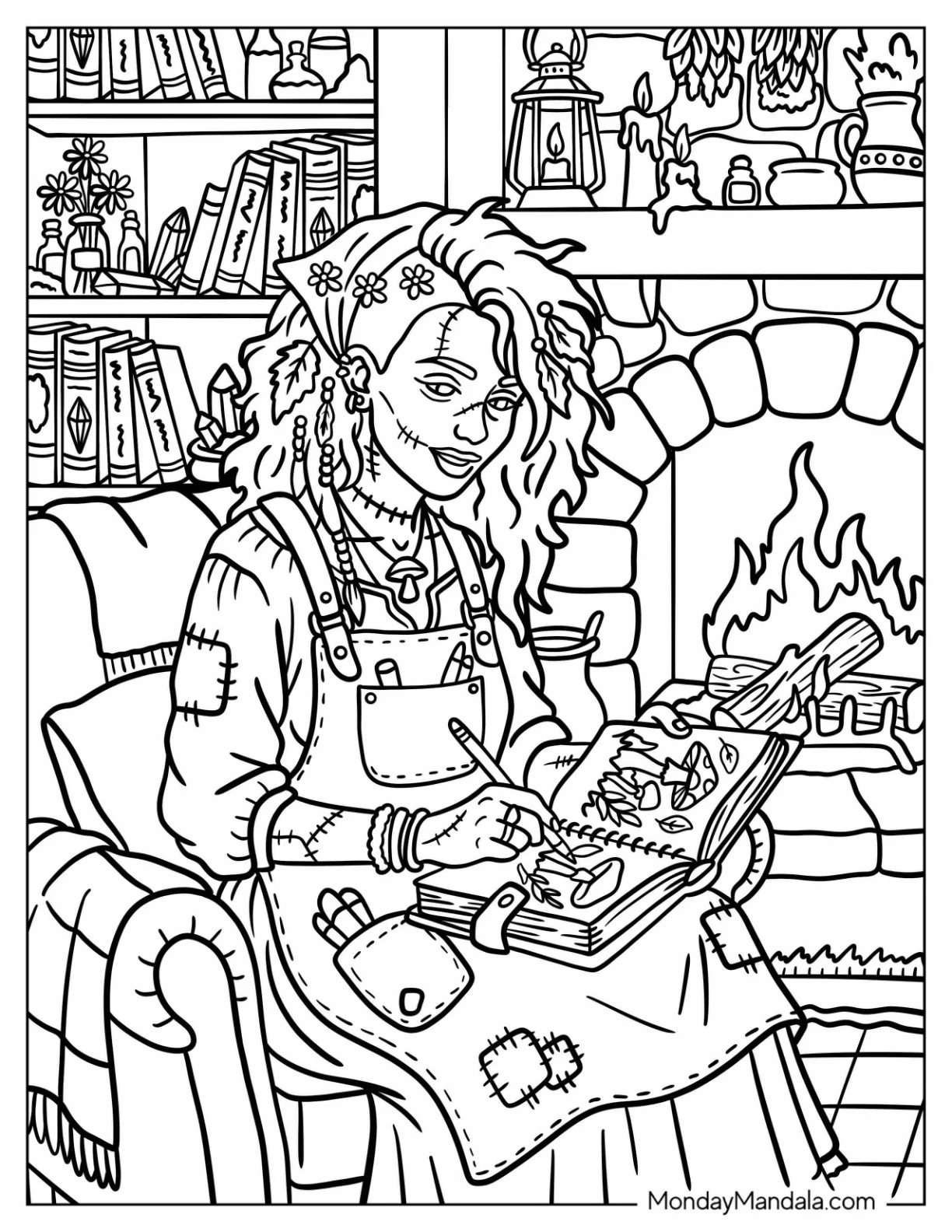 Zombie Woman Sketching Next to a Fireplace coloring page