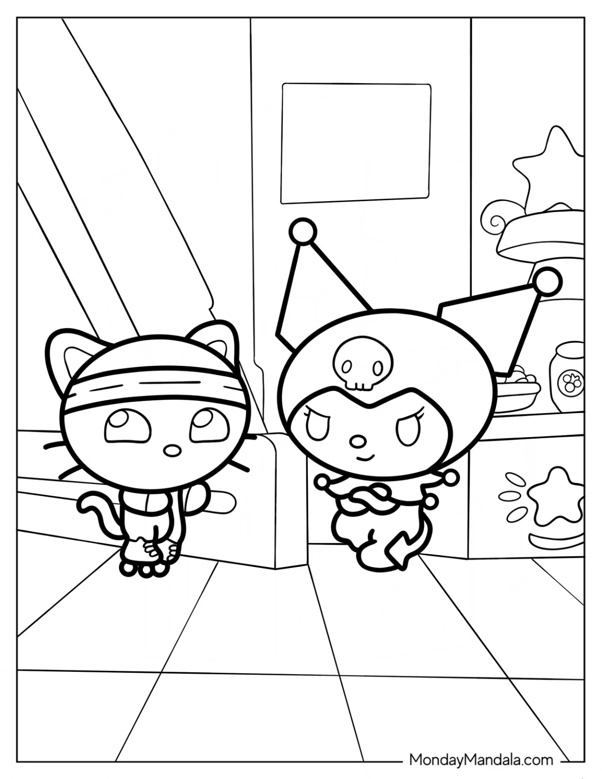 Chococat Rollerblading With Kuromi Coloring Page For Kids coloring page