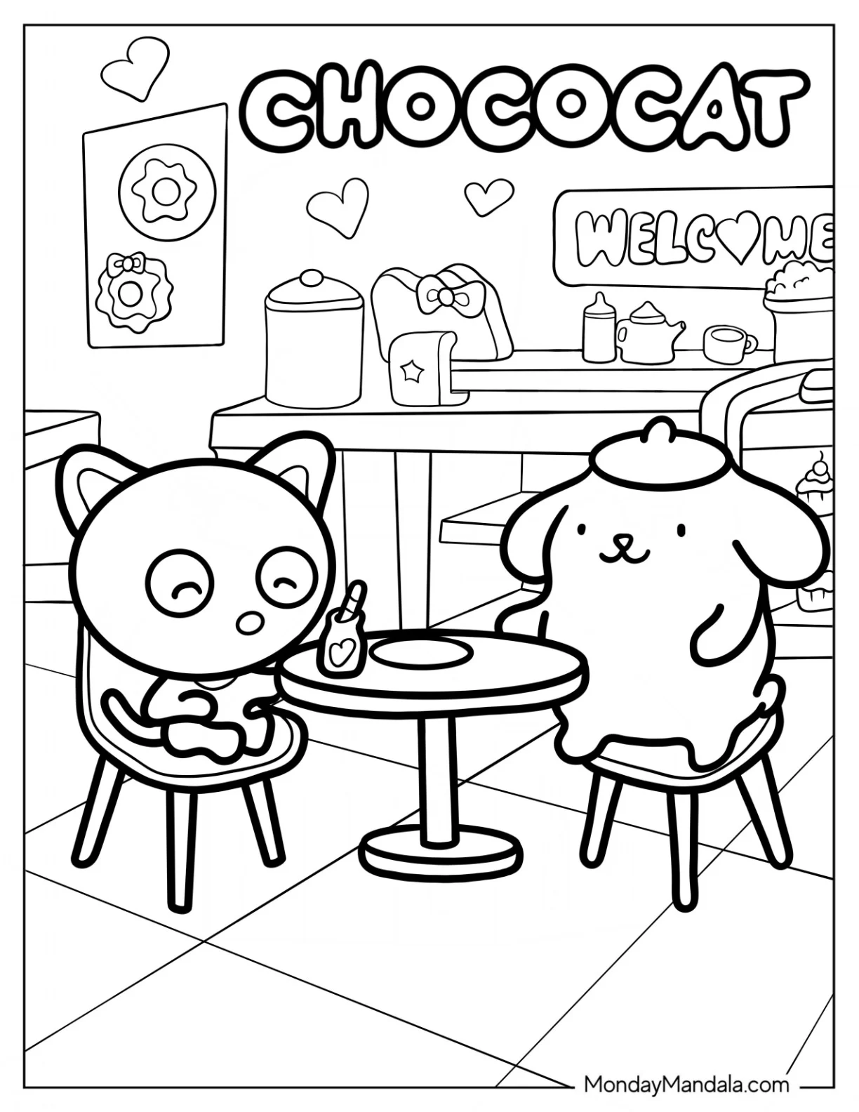 Chococat Sitting With Pompompurin Coloring Page For Kids coloring page — printable line art