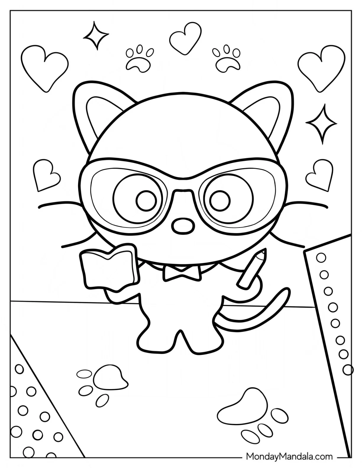 Chococat Wearing Glasses And Holding Book And Pencil Coloring Sheet coloring page