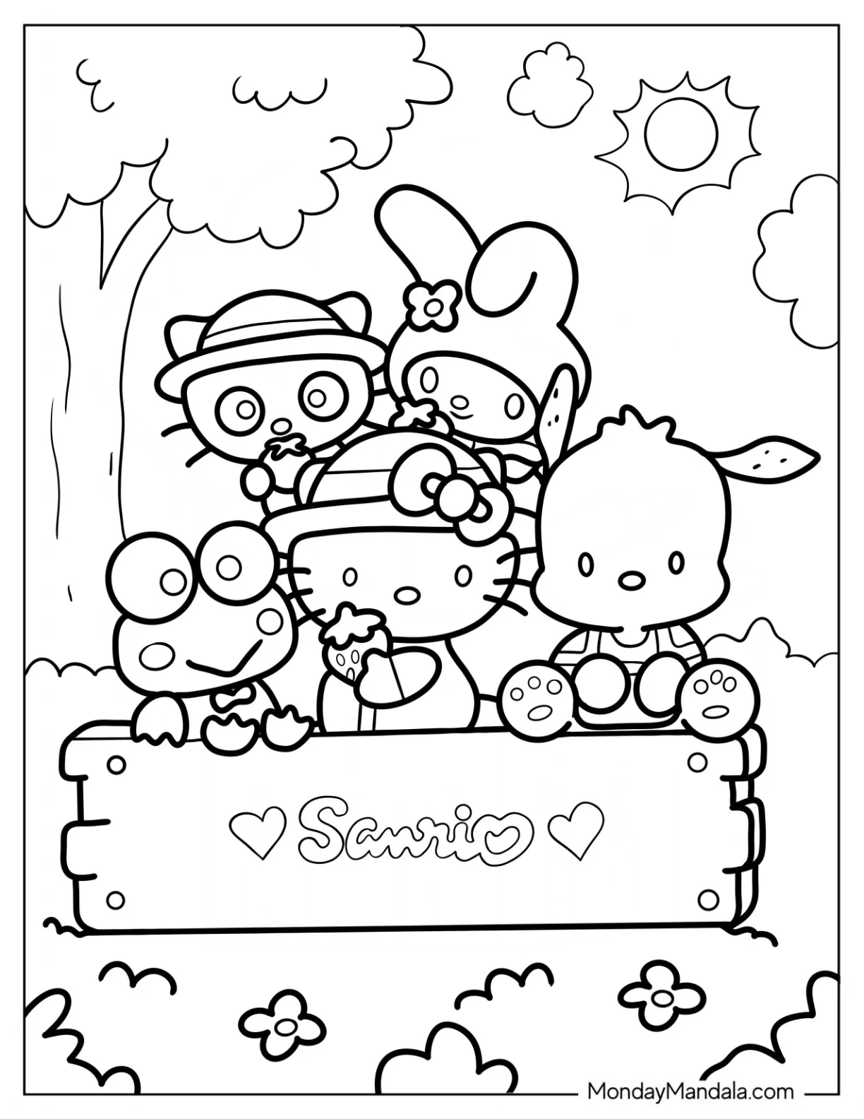 Chococat With Sanrio Friends Hello Kitty, My Melody, Pochacco, And Kerropi Coloring Page coloring page