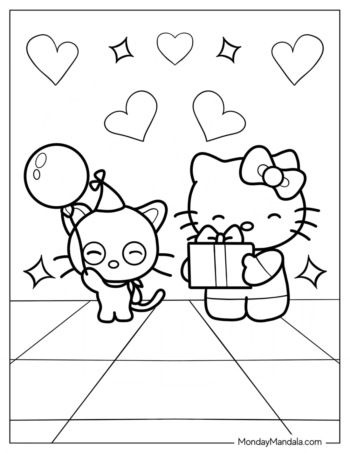 Hello Kitty Giving Chococat A Birthday Present Coloring Page coloring page — printable line art