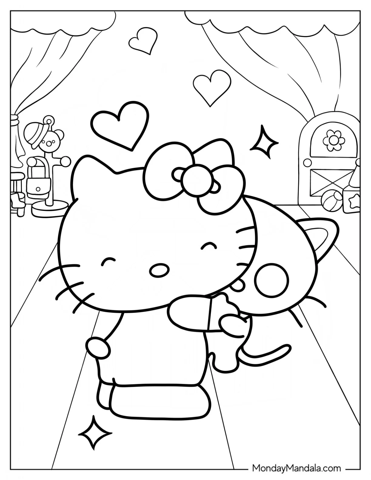 Hello Kitty Hugging Chococat Coloring Page For Kids coloring page — printable line art