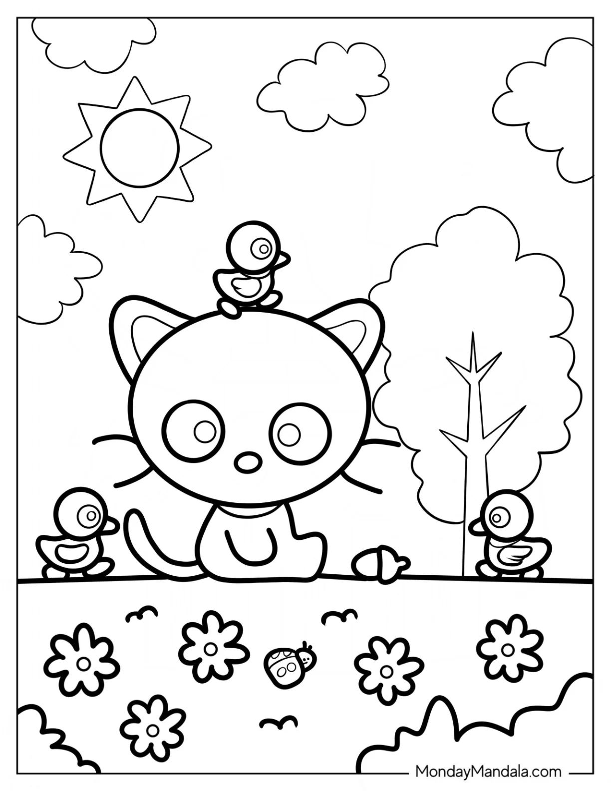 Kawaii Chococat Sitting On The Grass With The Duckies Coloring Page For Preschoolers coloring page