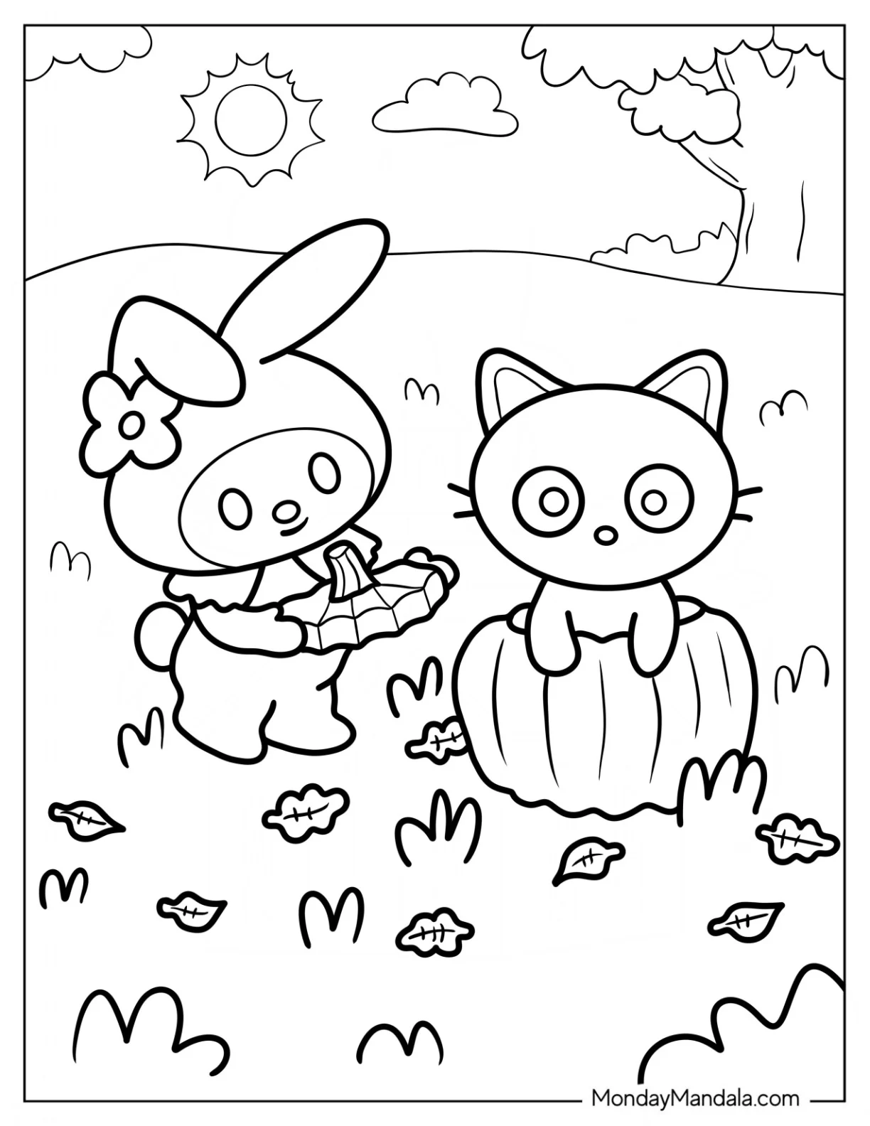 My Melody Playing With Chococat Inside A Pumpkin Coloring Sheet coloring page — printable line art