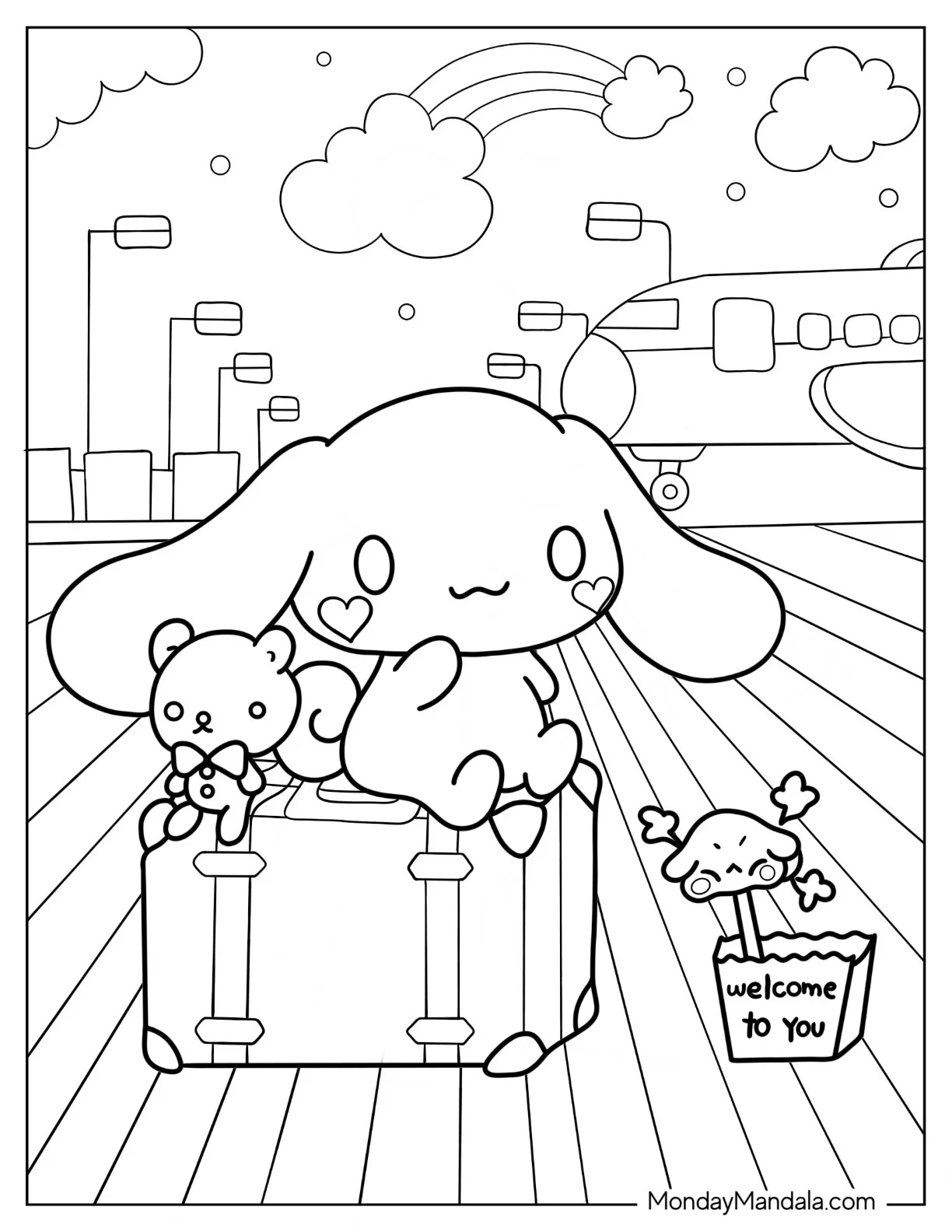 Cinnamoroll Coloring Page of Cinnamon In Airport For Kids coloring page — printable line art