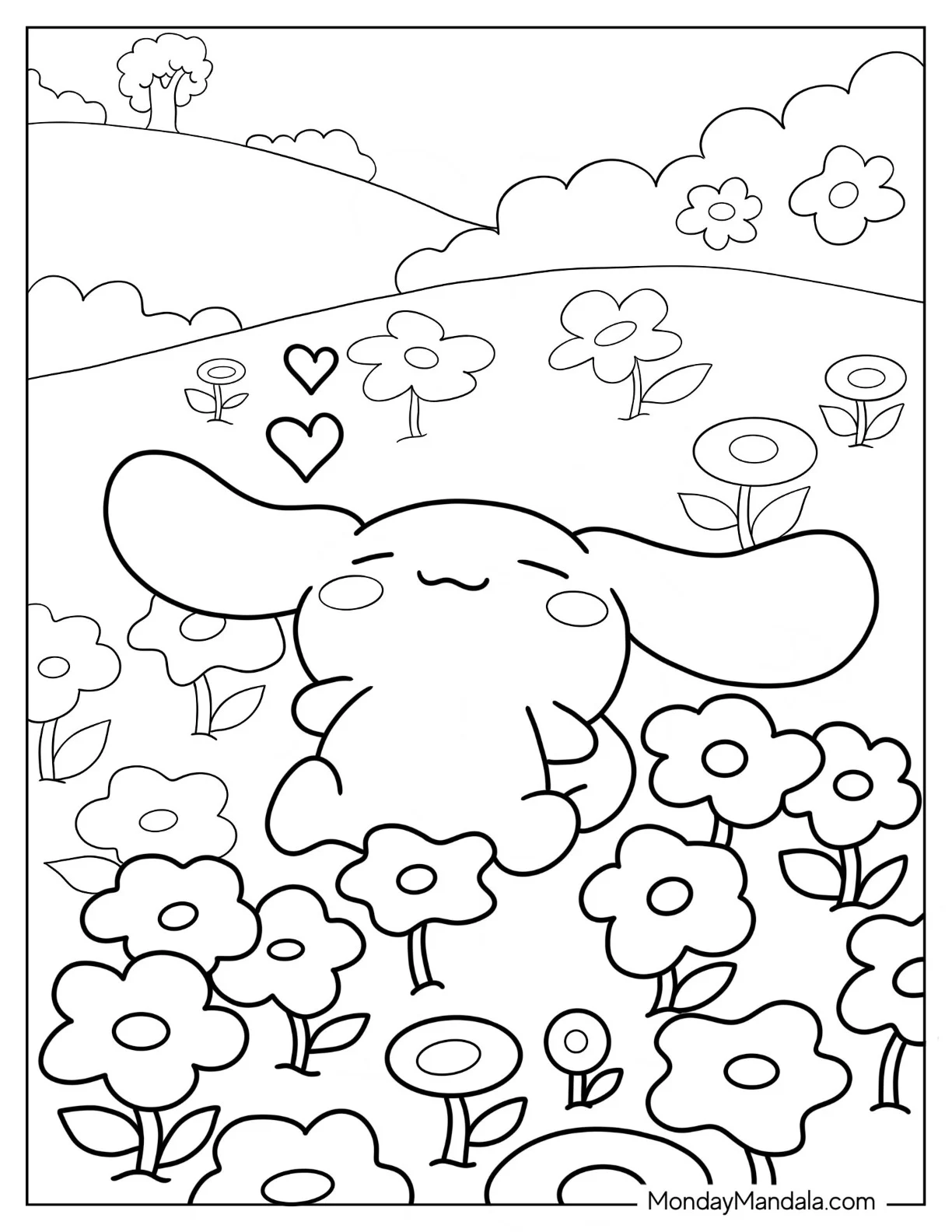 Cinnamoroll Coloring Page of Cinnamon Sleeping On Flower Field coloring page — printable line art