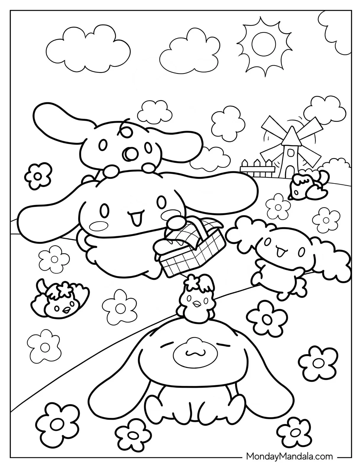 Cinnamoroll Coloring Page of Cinnamon With Milky And Chiffon In Farm coloring page — printable line art