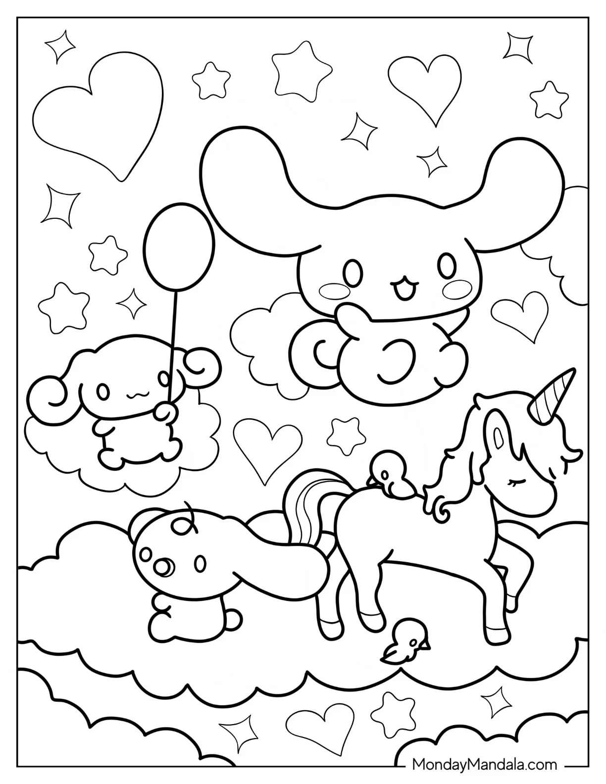 Cinnamoroll Coloring Page of Cinnamon With Milky And Espresso In The Clouds coloring page — printable line art