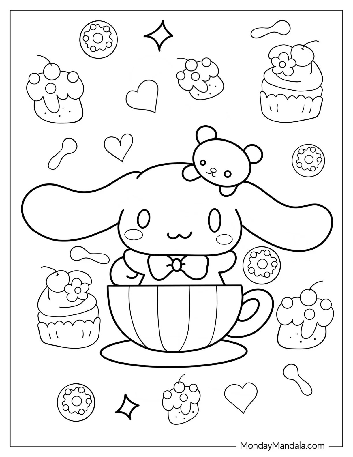 Cinnamoroll Coloring Page of Kawaii Cinnamon With Bowtie In Teacup coloring page