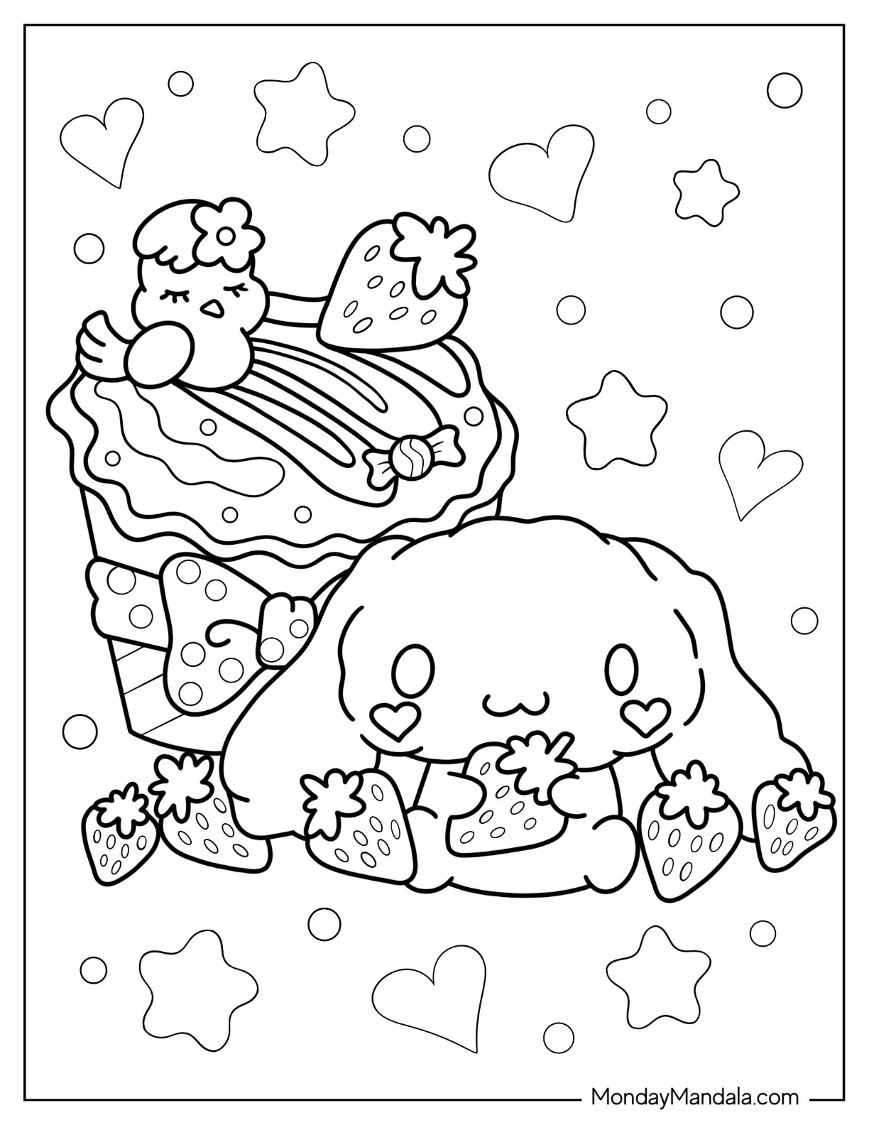 Cinnamorrol Coloring Page of Cinnamon Hugging Strawberry coloring page — printable line art