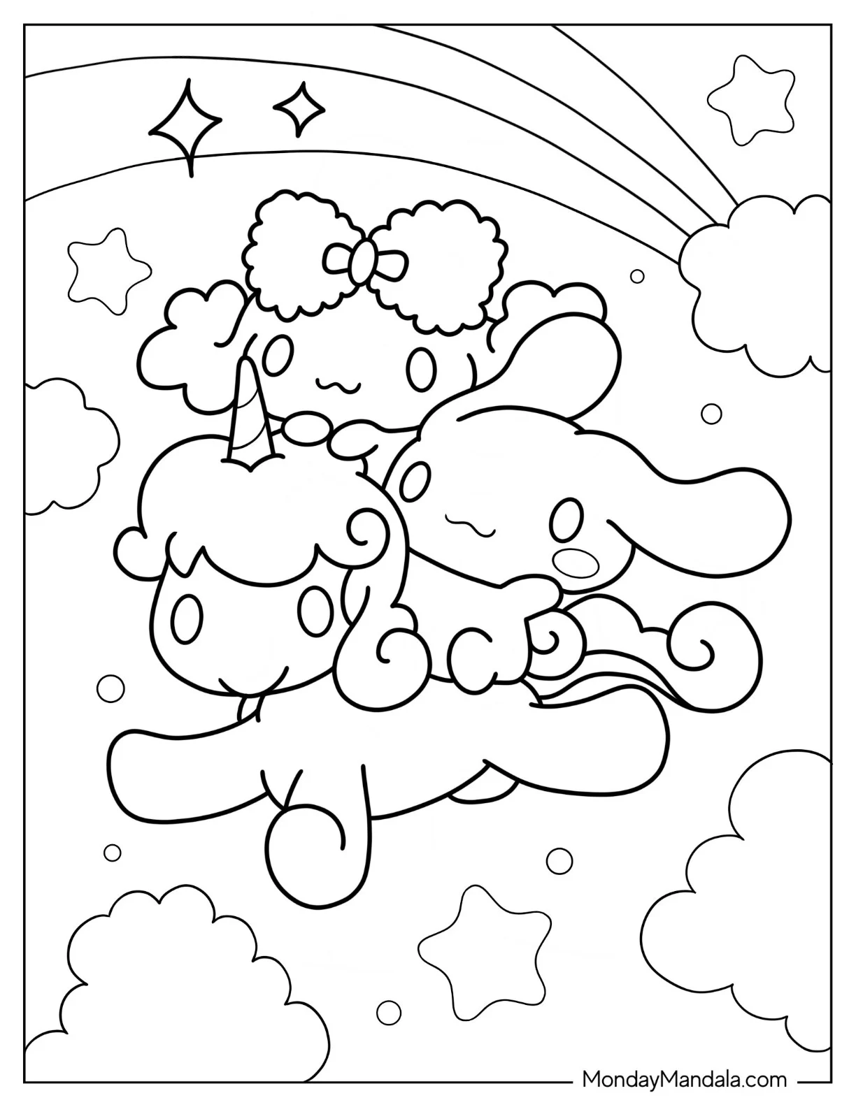 Cinnamorroll Coloring Page of Cinnamon And Chiffon Riding Unicorn coloring page