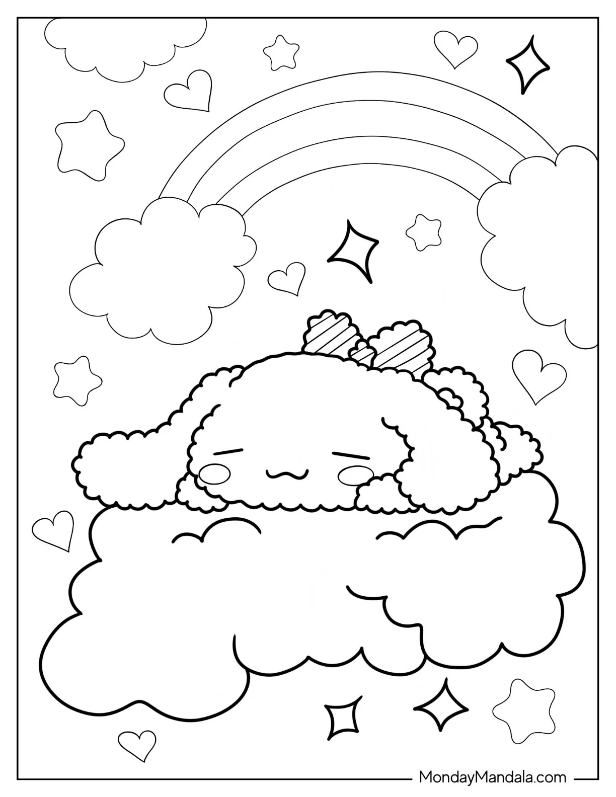 Cute Cinnamorrol Coloring Page of Cinnamon Sleeping On Cloud coloring page