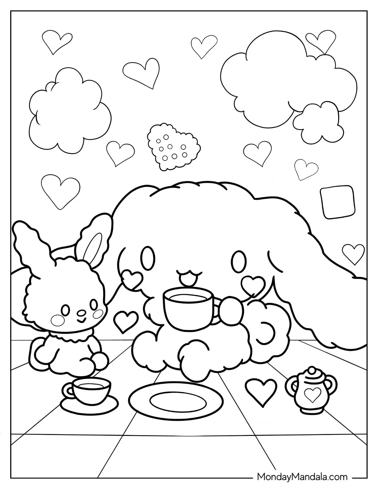 Fluffy Cinnamon Coloring Page of Drinking Tea With Friend coloring page