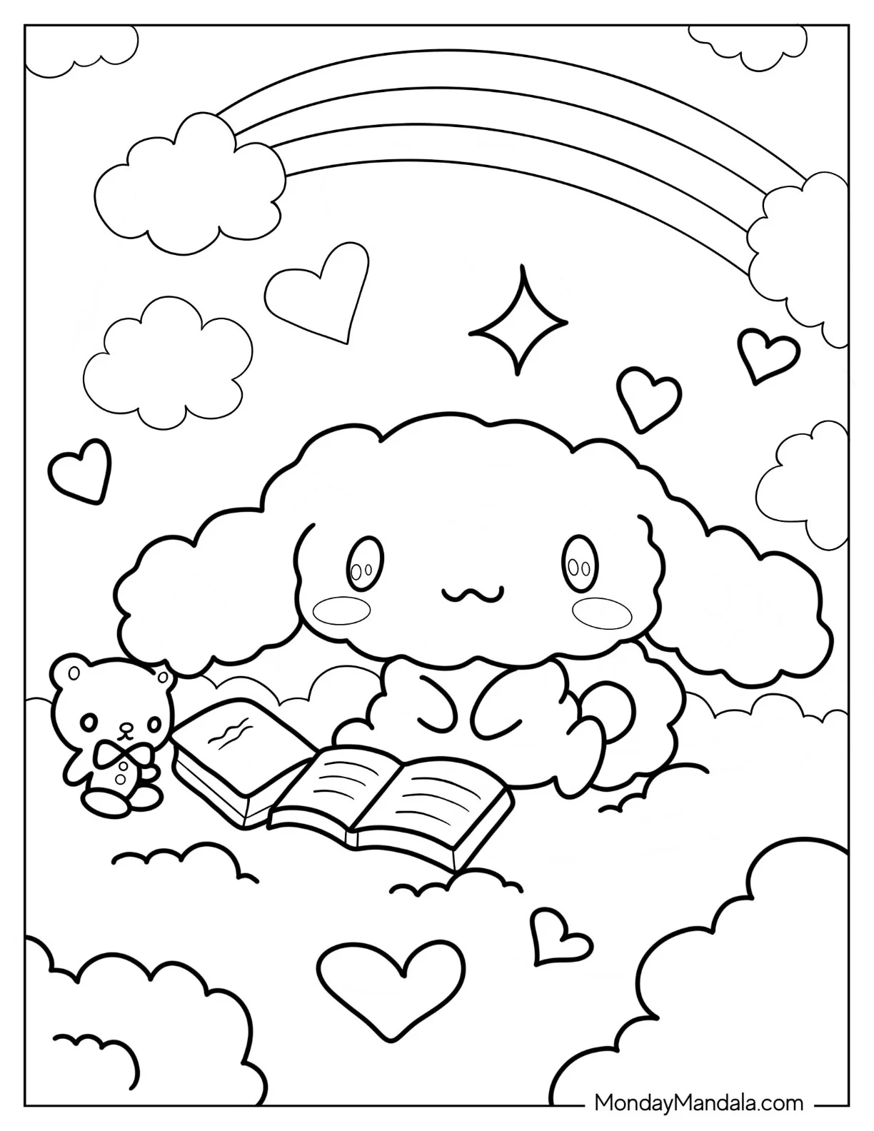 Puffy Cinnamoroll Coloring Page With Books On Clouds coloring page