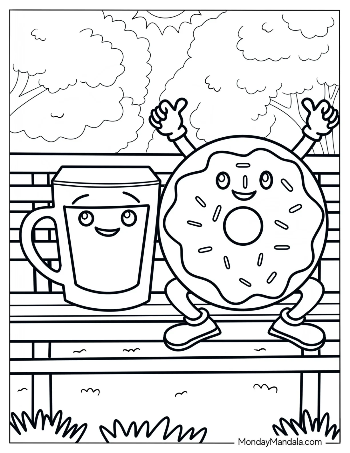 A Mug Of Coffee Sitting With A Donut Coloring Page On A Bench coloring page