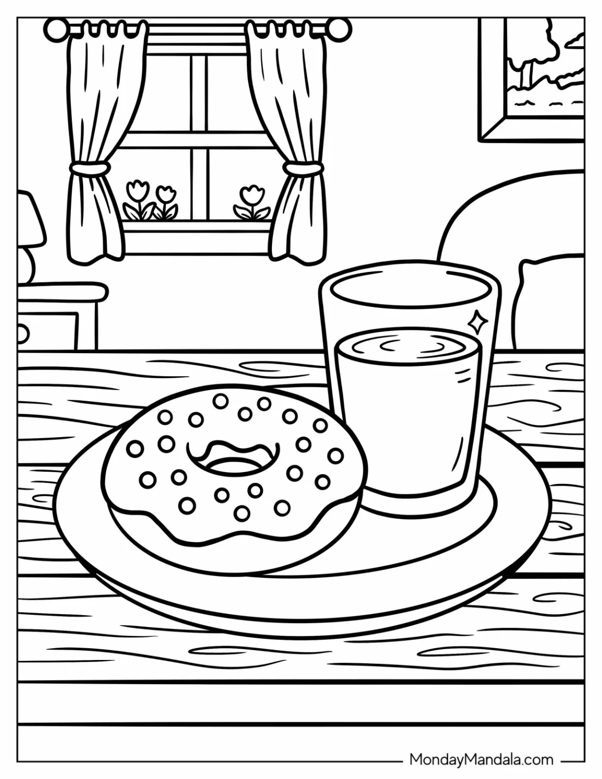 A Plate of Donut and a Glass of Milk Coloring Sheet coloring page