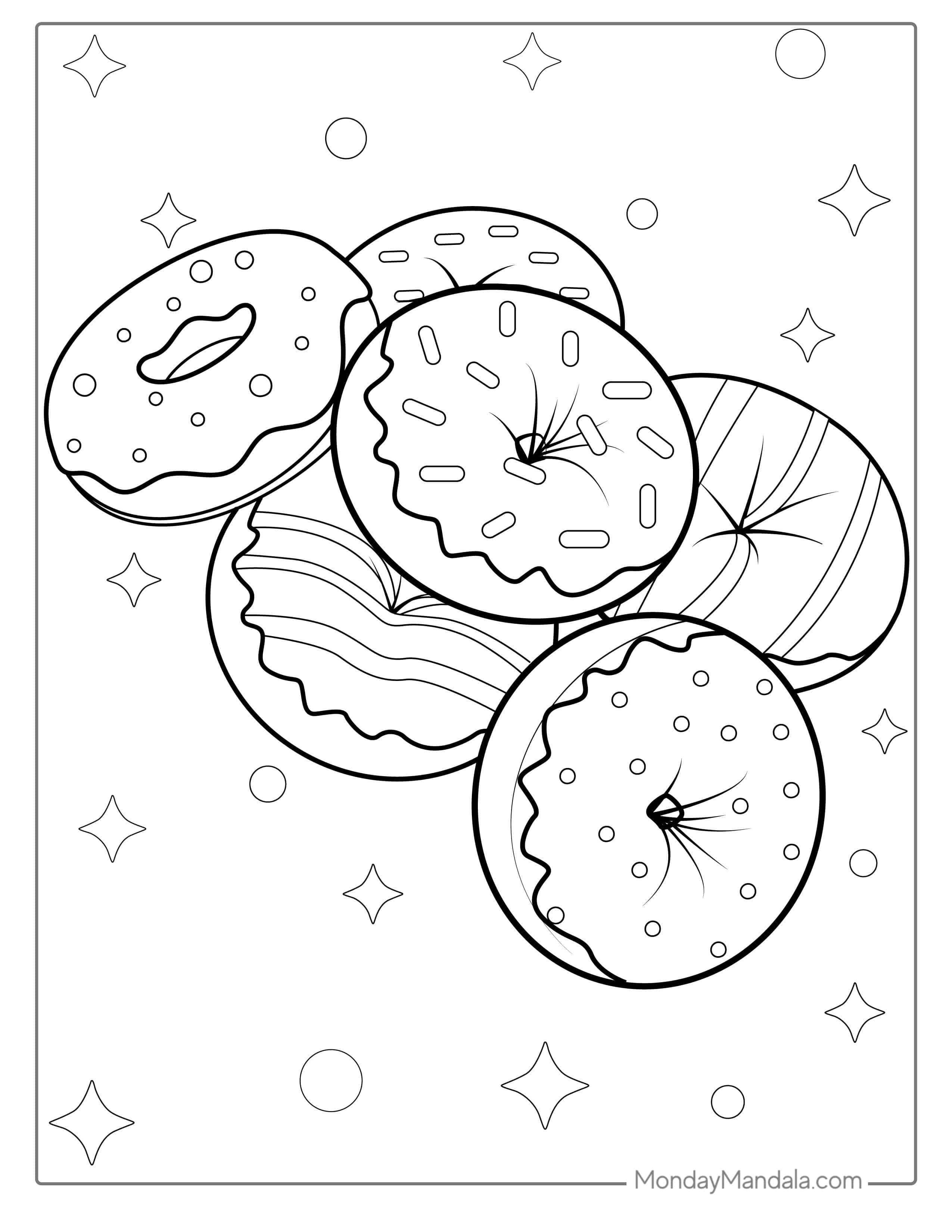 Assorted Glazed Donuts Coloring Page coloring page — printable line art