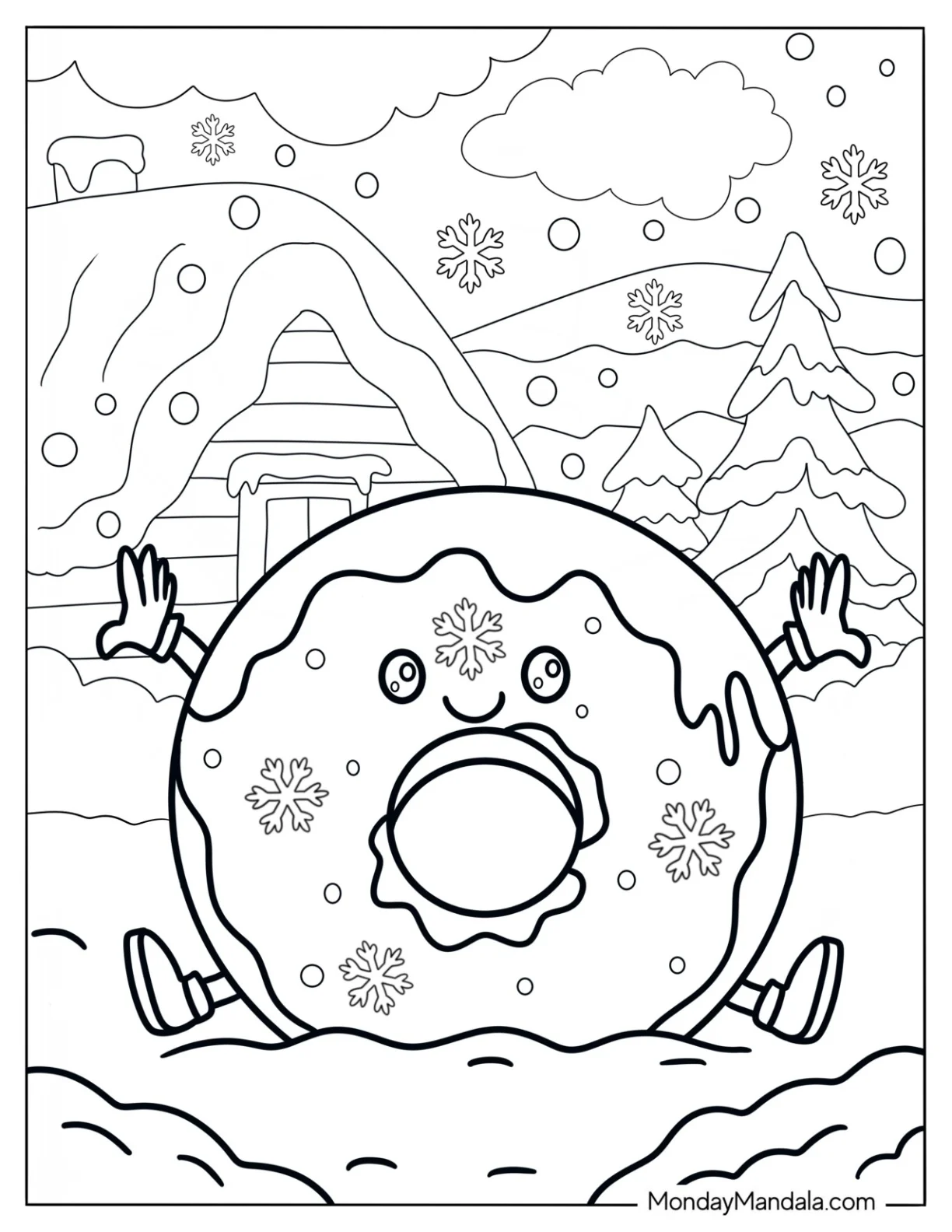 Baby Donut Coloring Page Playing In The Snow On Christmas coloring page