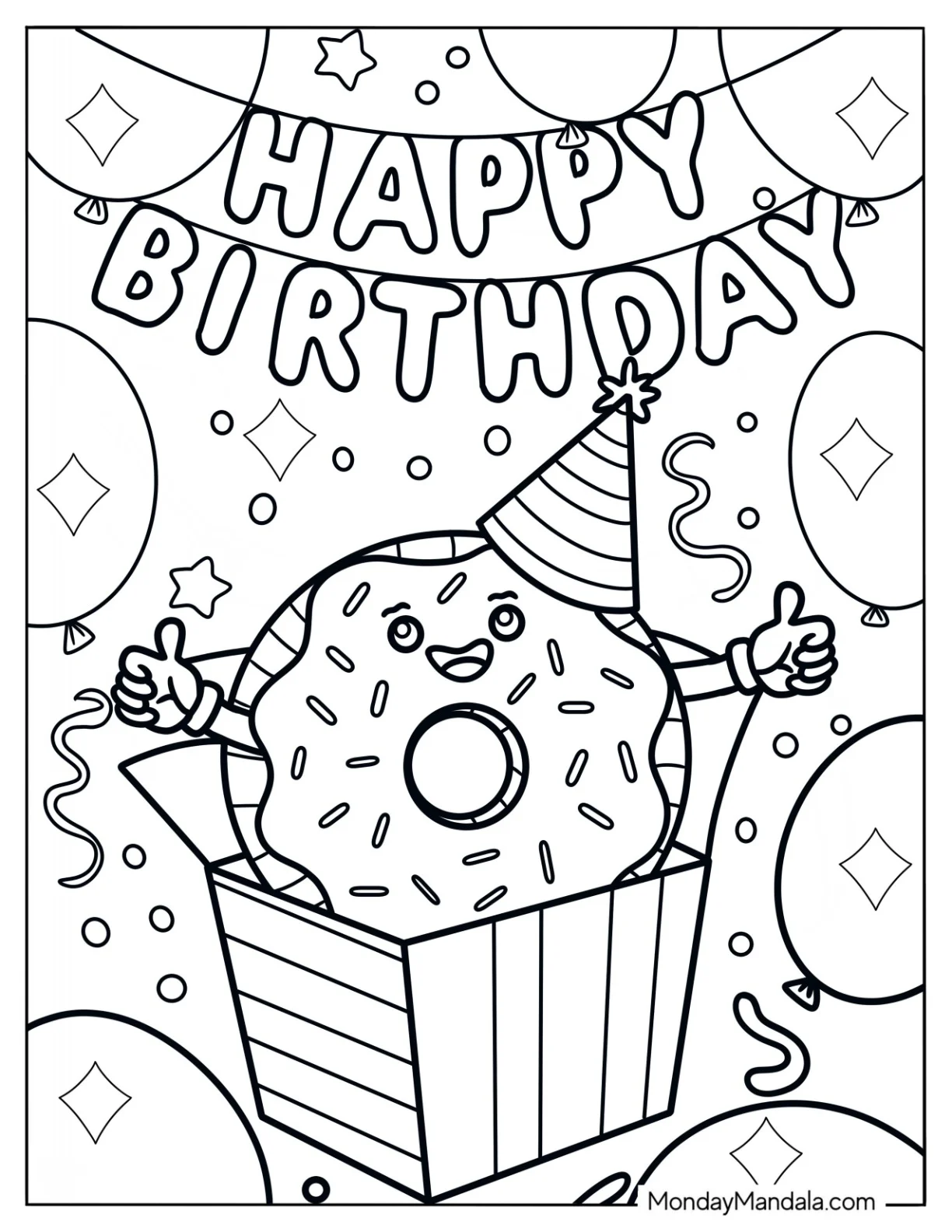 Birthday Donut Coloring Page Popping Out Of A Box coloring page