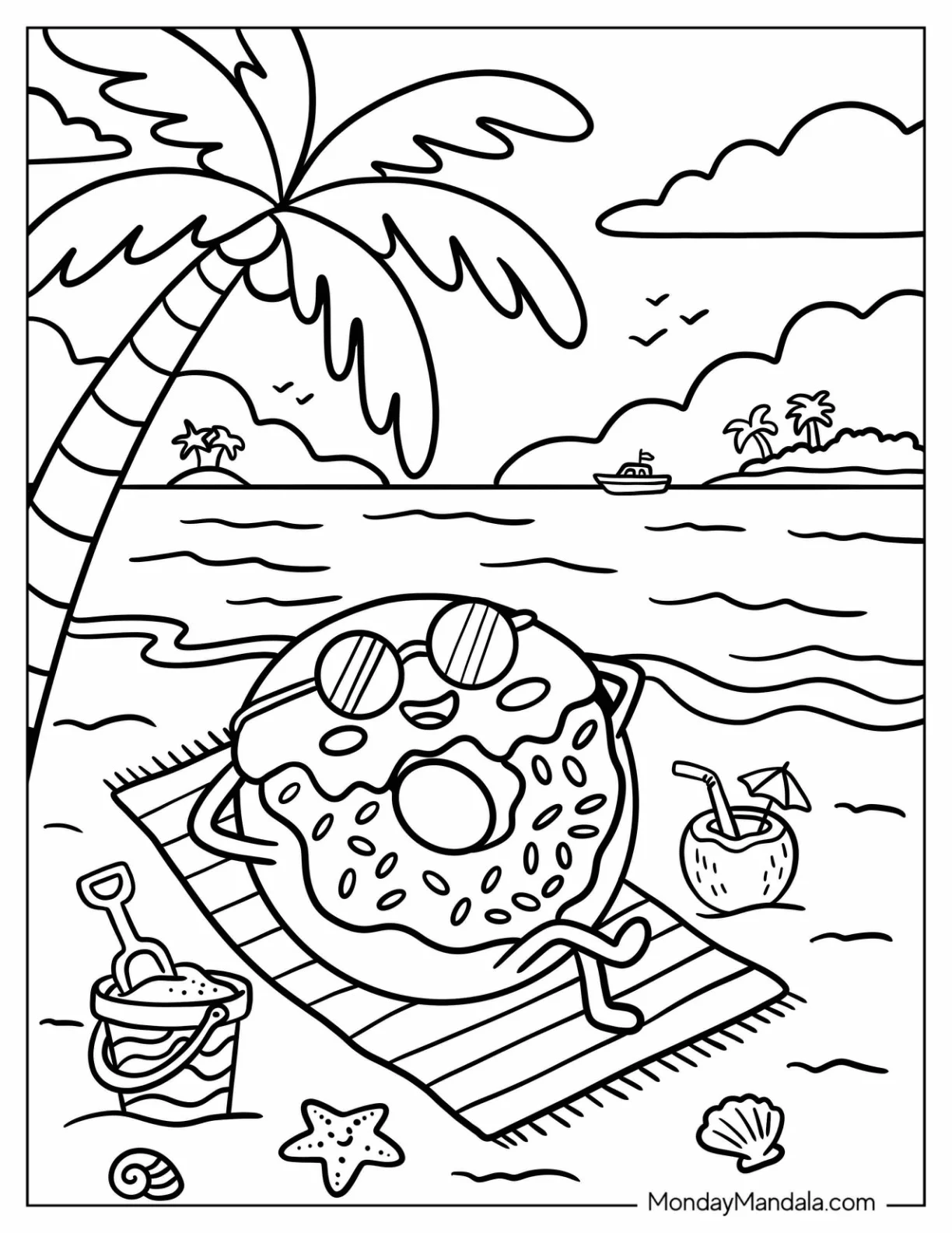 Cool Donut Sunbathing at the Beach coloring page