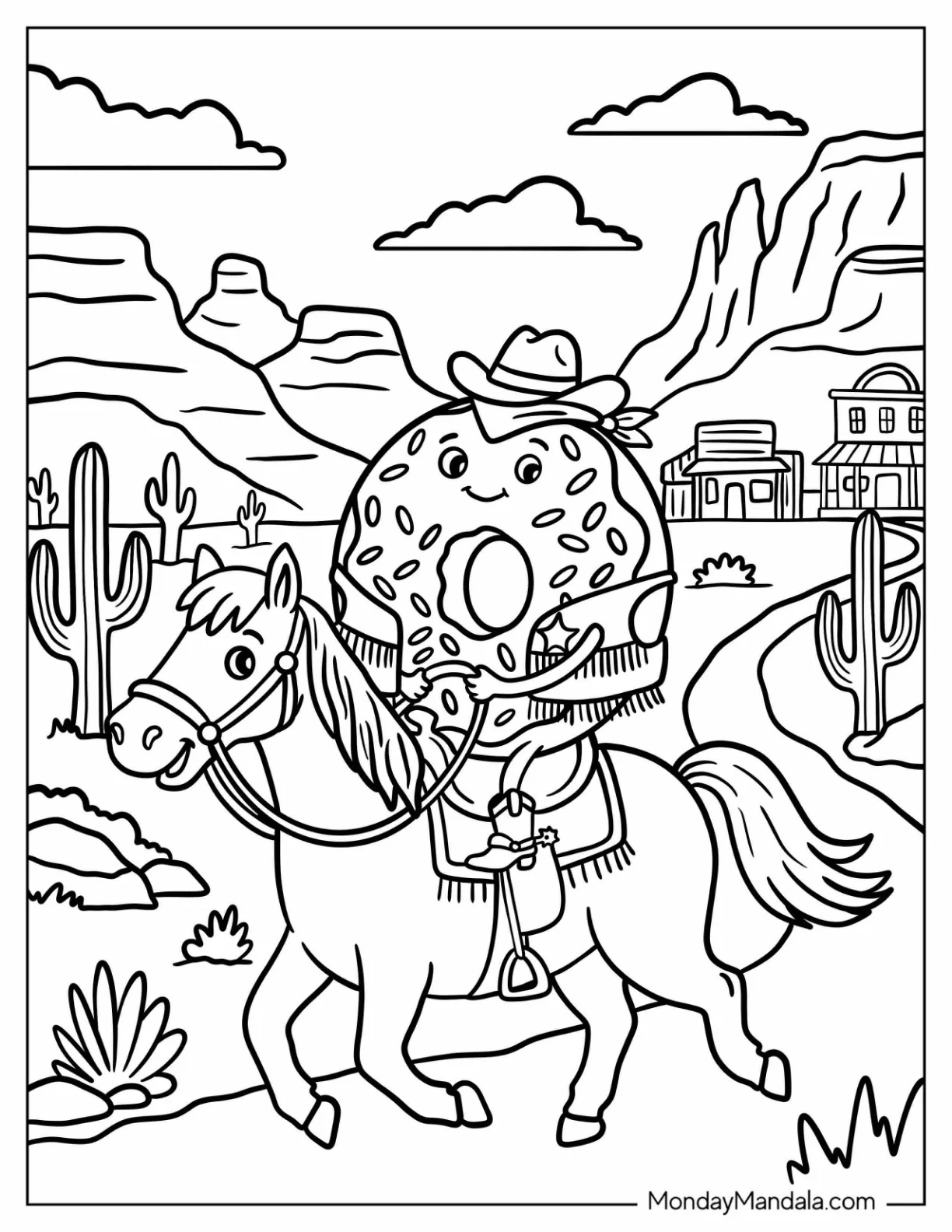 Cowboy Donut Riding a Horse in the Desert coloring page