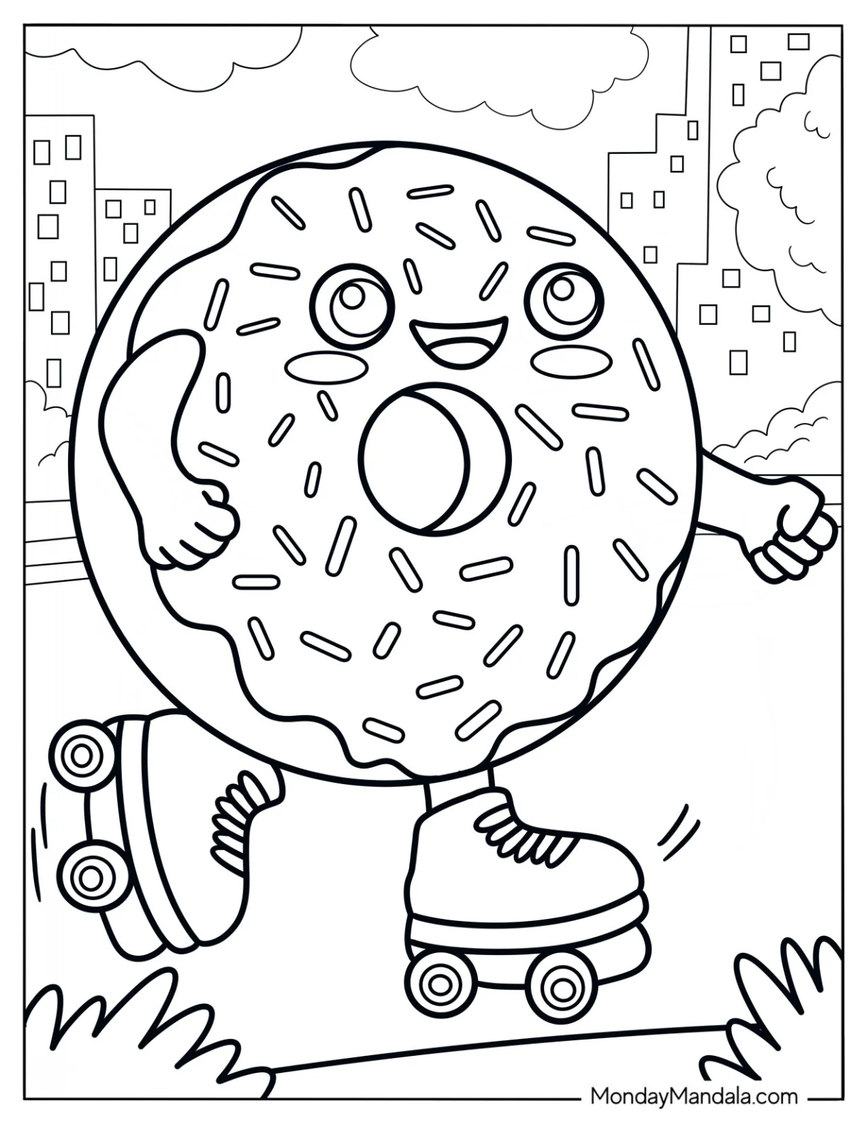 Donut Coloring Page Roller Skating In A Park coloring page