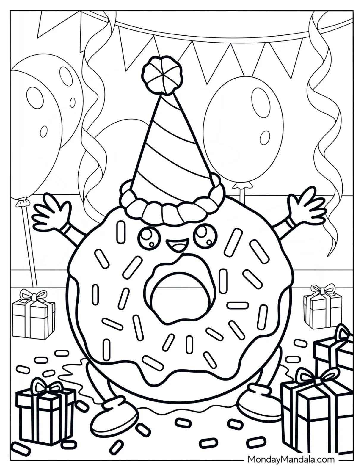 Donut Coloring Page Wearing A Birthday Hat In A Party coloring page — printable line art