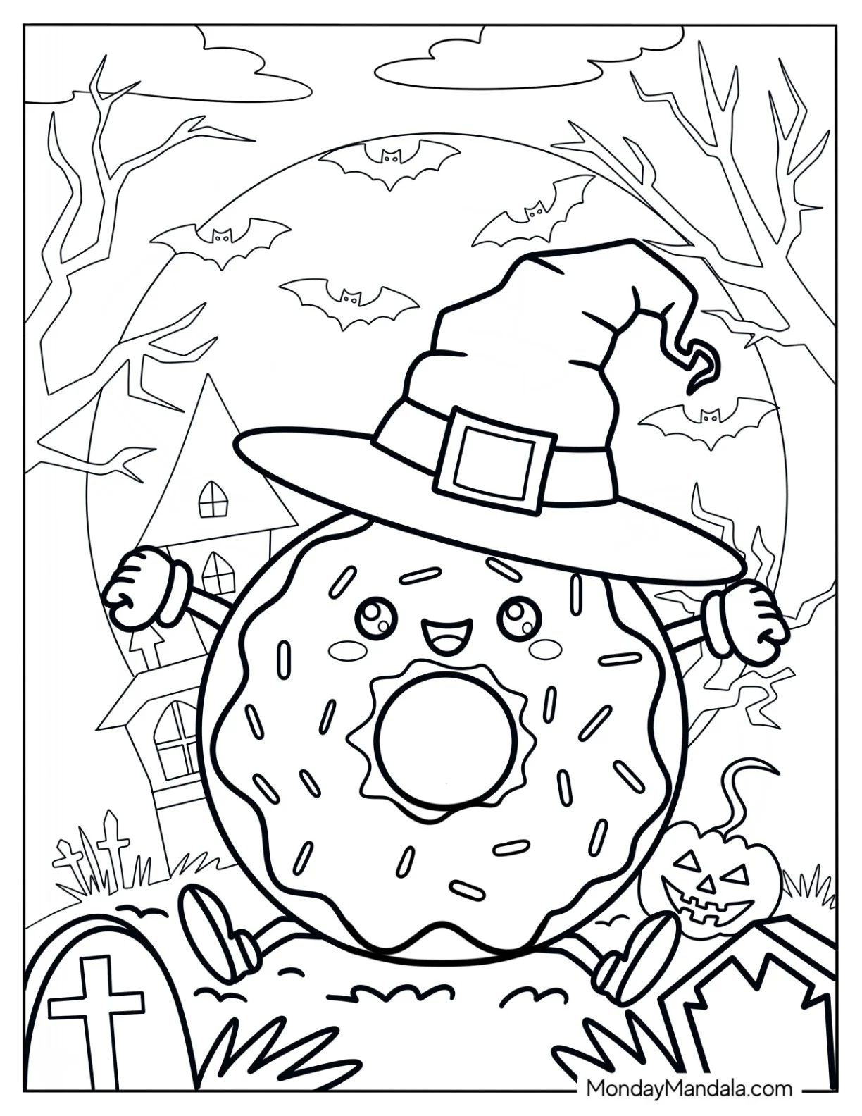 Donut Coloring Page Wearing A Witch's Hat On Halloween coloring page — printable line art