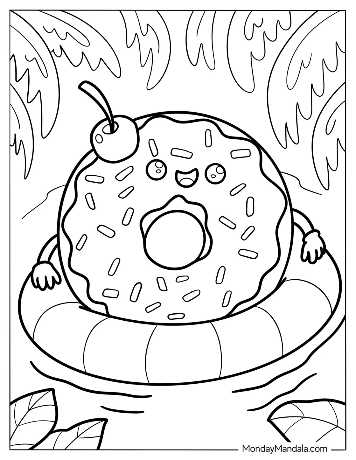 Donut Coloring Page With Cherry Lounging In A Floaty coloring page