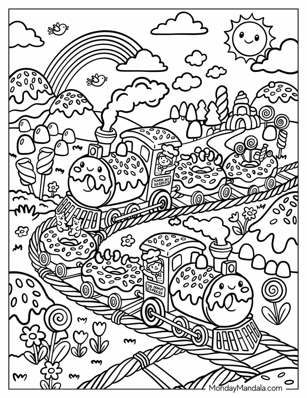 Donut Trains Traveling Through Candyland Coloring Page coloring page